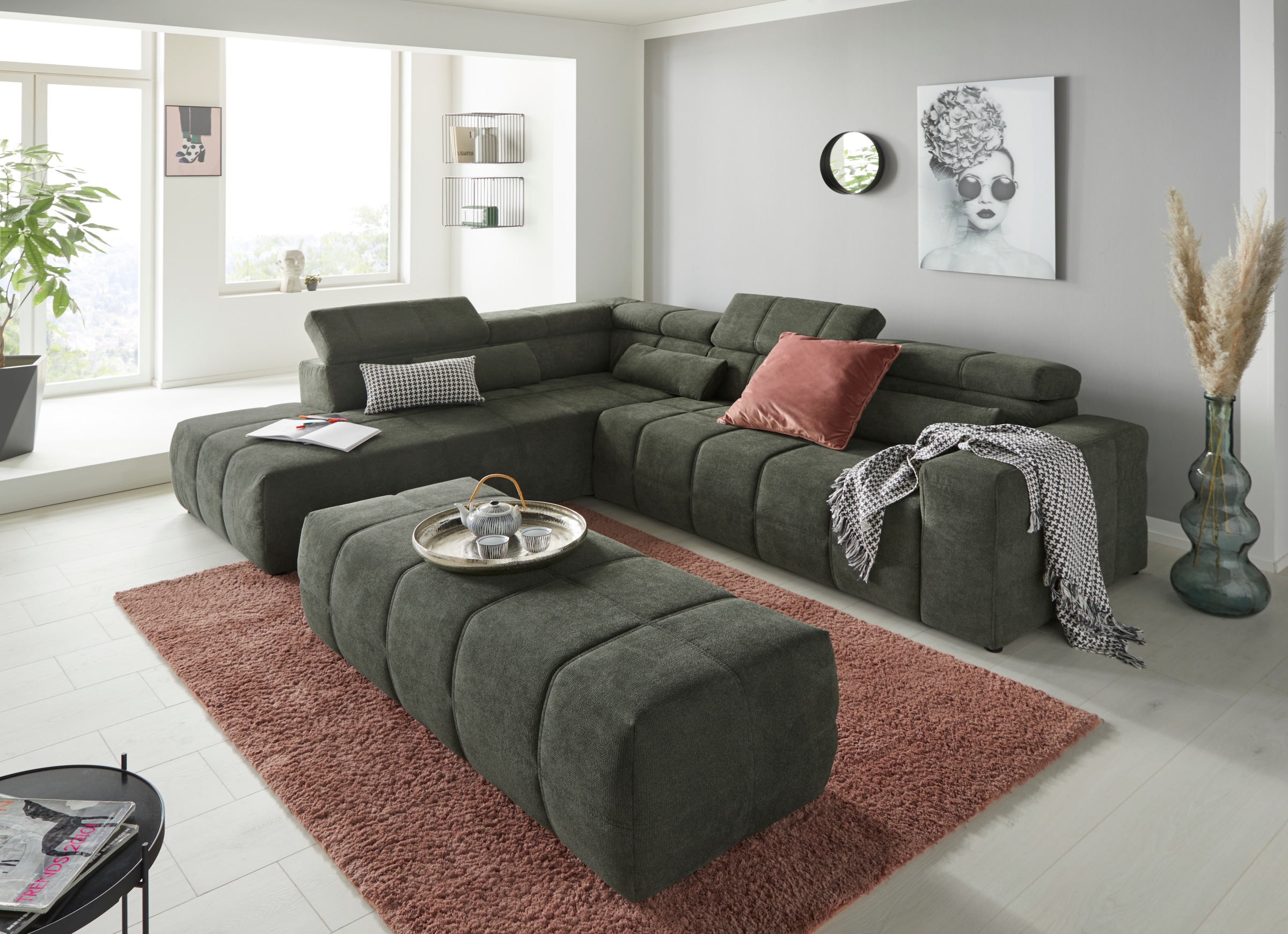 DOMO collection Ecksofa »Brandon L-Form, auch in Leder«, inklusive Kopfteilverstellung, wahlweise mit Sitztiefenverstellung