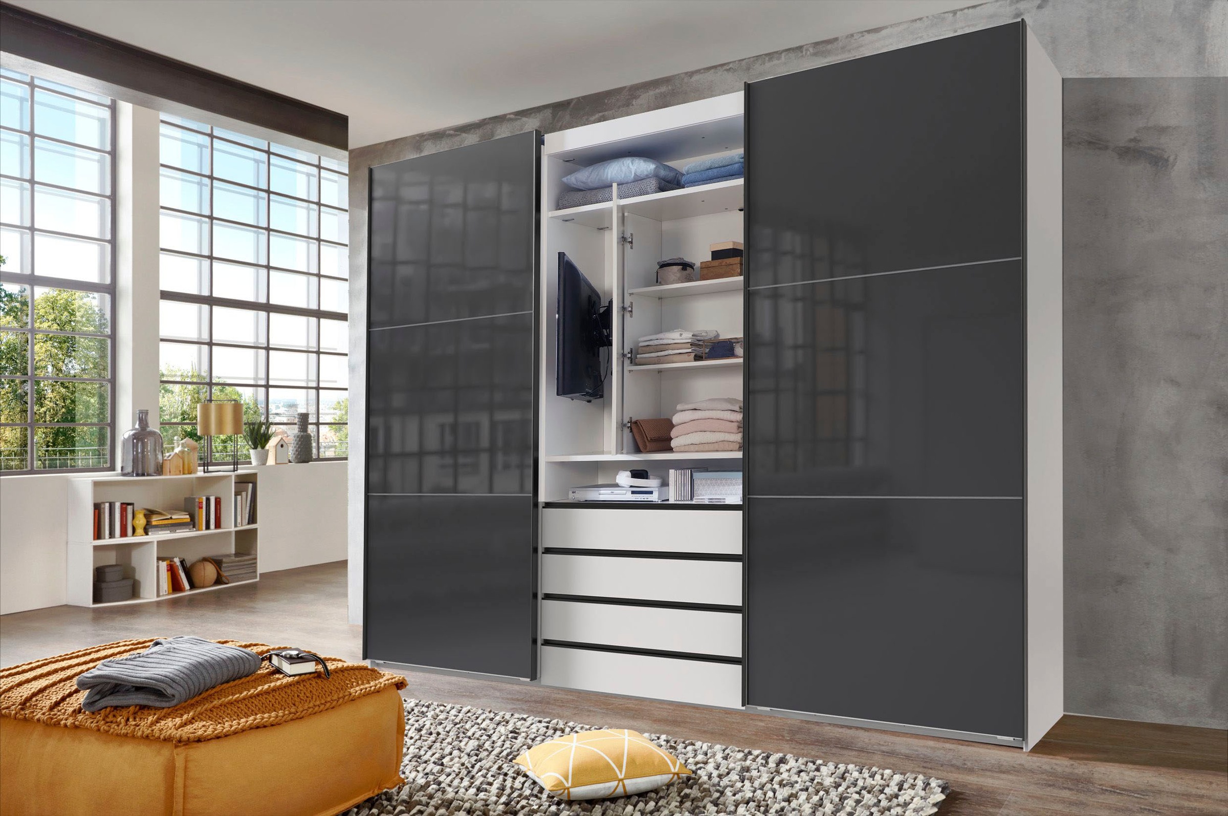Wimex Schwebetürenschrank »Magic by fresh to go«, tolles EXTRA: mit drehbarem TV-Element, Fronten aus Glas
