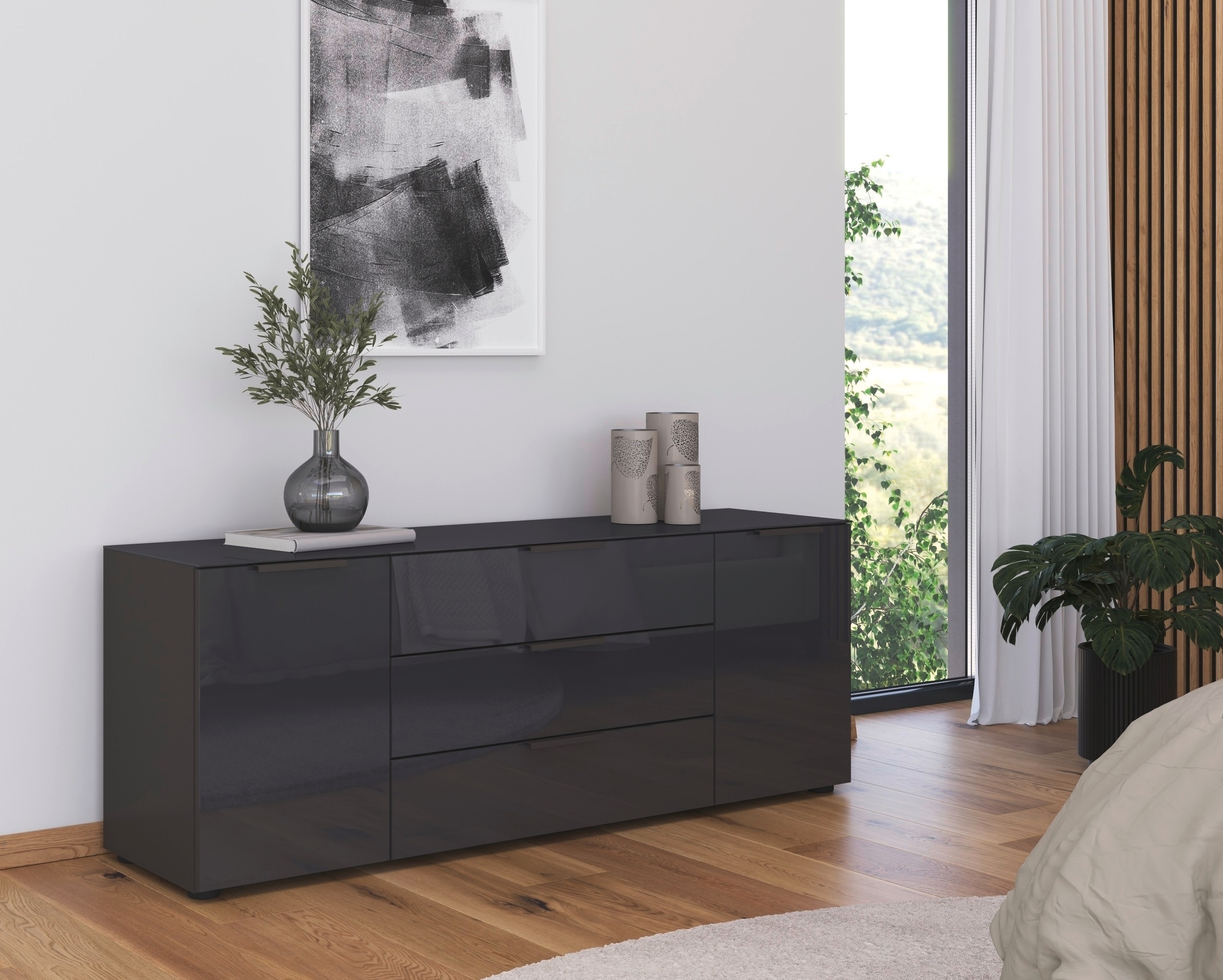 rauch Kombikommode »Kommode Türkommode Sideboard Kombikommode FLIPP mit Glasfront«, (Breite 160 cm mit 2 Einlegeböden), 2-türig, 3 Schubladen, Soft-Close-Funktion, Oberboden und Front Glas