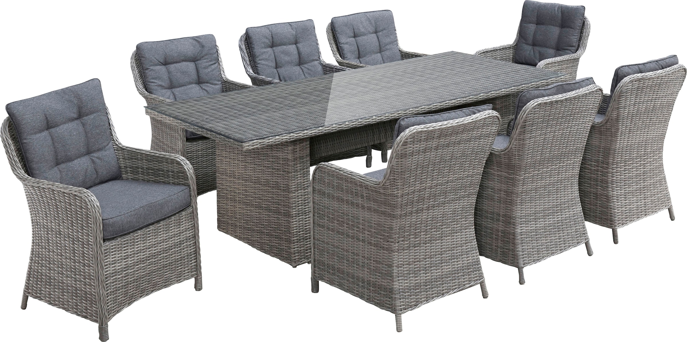 KONIFERA Garten-Essgruppe »»Menorca««, (Set, 25 tlg., 8x Sessel, 1x Tisch 230,8x100x75 cm, inkl. Auflagen, Alu, Polyrattan), Polyrattan, Aluminium, Tischplatte aus 5mm starkem Sicherheitsglas