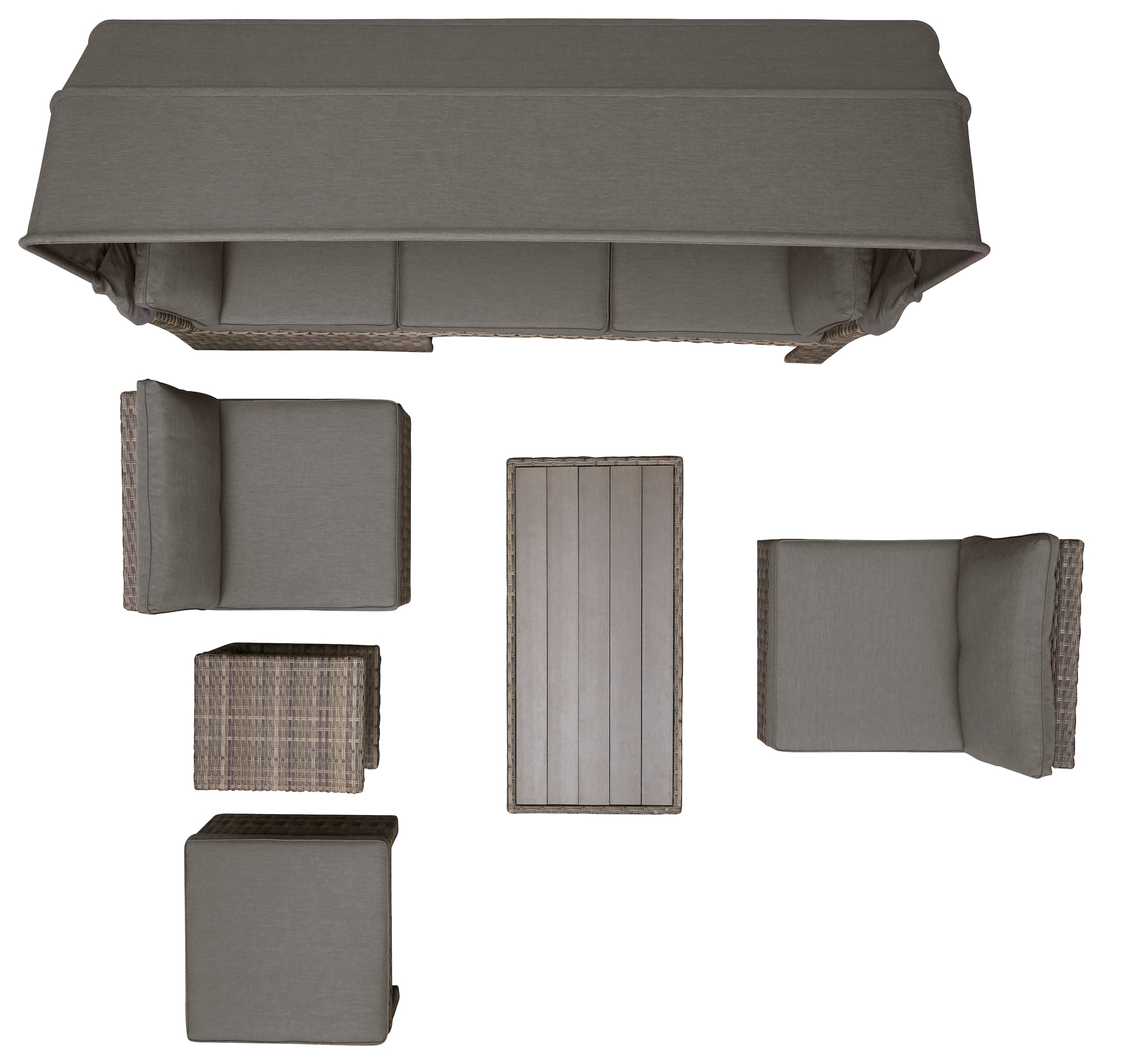 KONIFERA Gartenlounge-Set »Hawaii Premium«, (Set, 19 tlg., 1x3erSofa, 2xSessel, 1xHocker, 1xBeistelltisch, 1xTisch 111x54x59cm), mit aufklappbarem Dach und zur Sonneninsel umbaubar, Aluminium