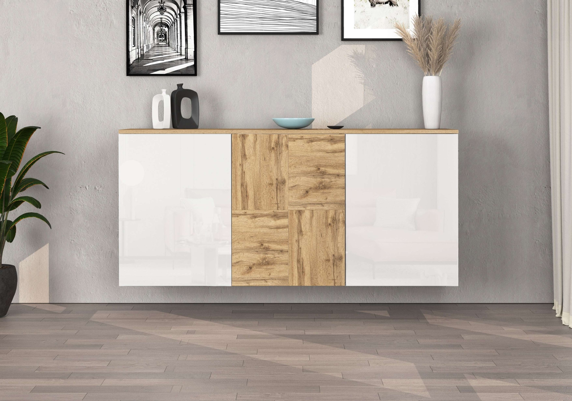 OTTO home Sideboard »ISEO, Kommode, Schrank, Sideboard, Lowboard, 6 Fächer, Breite 150 cm« 1 Stk. tlg. stehend/hängend, 3 Türen Hochglanz lackiert, Made in Italy