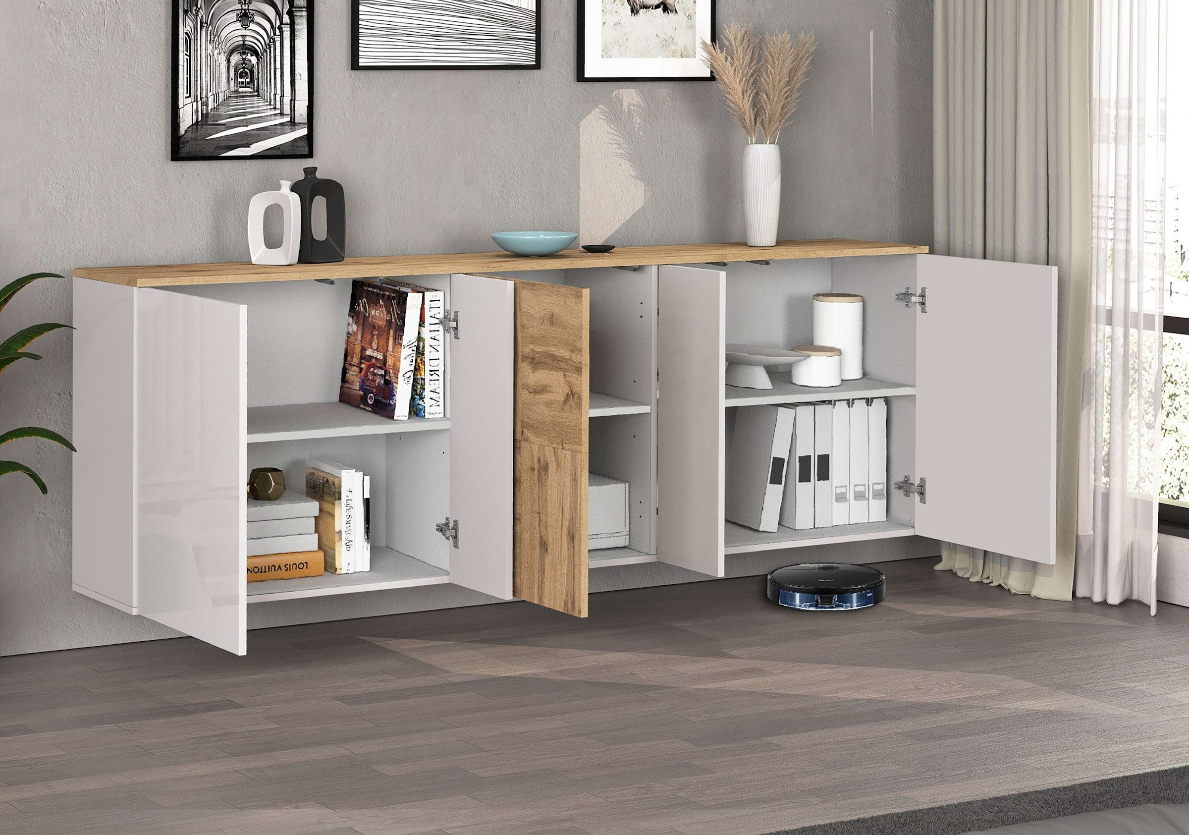 OTTO home Sideboard »ISEO, Kommode, Schrank, Sideboard, Lowboard, 6 Fächer, Breite 200 cm« 1 Stk. tlg. stehend/hängend, 5 Türen Hochglanz lackiert, Made in Italy