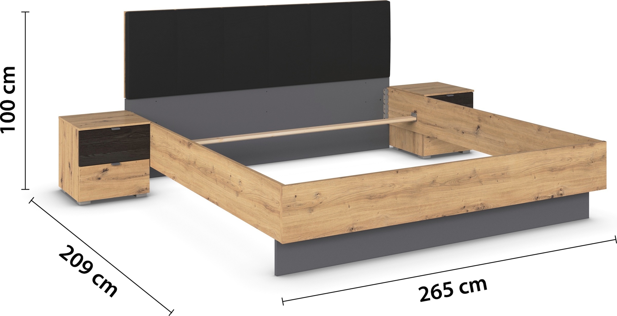 rauch Bettanlage »Bett Doppelbett Komfortbett Funktionsbett APOLLON« Liegefläche 180x200, optional mit Bettbank und Stauraum, 3 tlg. tlg. Polster-Kopfteil in Lederoptik black, 2x Nachttische MADE IN GERMANY