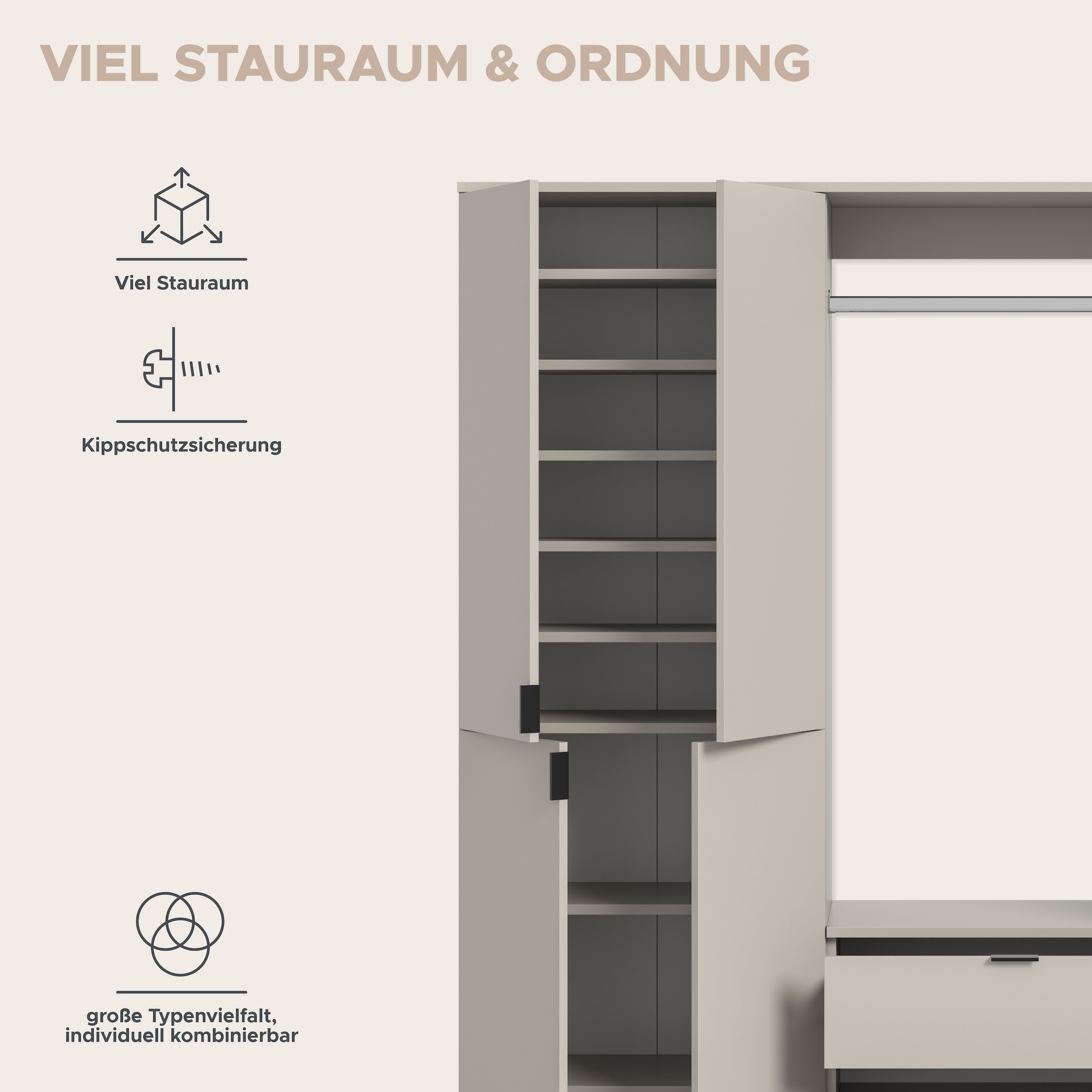Home affaire Garderoben-Set »TRONDHEIM, 5-teilig, Breite 212cm, individuell platzier- & erweiterbar« Set, bestehend aus: 2x Garderobenschrank & 3-tlgs. Zwischenbauelement, 4 Stk. tlg.