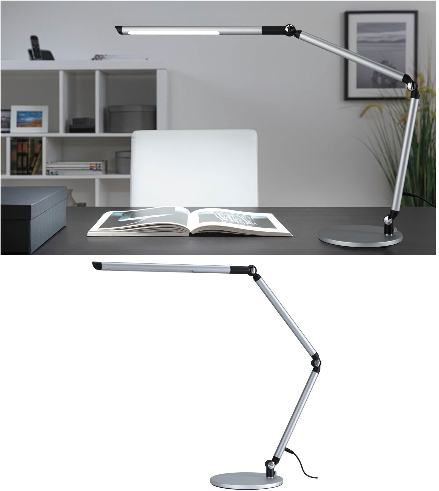 Paulmann LED Schreibtischlampe »LED Schreibtischleuchte 3-Step-Dim FlexBar White Switch Silber matt«, 1 flammig, mehrere Helligkeitsstufen, Farbwechsler, Farbsteuerung, Dimmer