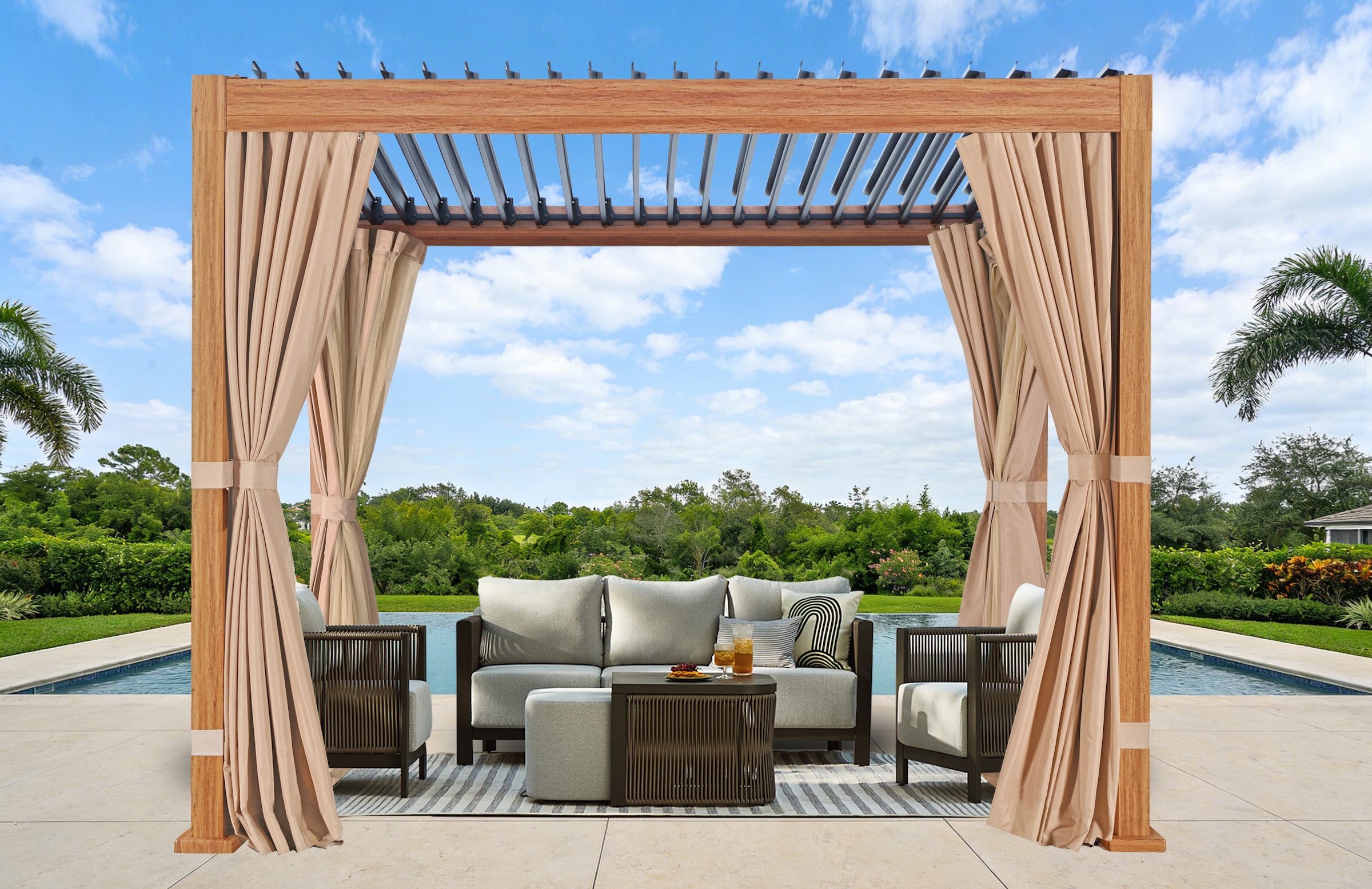 KONIFERA Pavillon »Pergola Alhambra, Terrassendach mit Aluminiumpfosten« 3x3 oder 3x4 m, holzfarben, 4 Seitenteile, verstellbare Dachlamellen