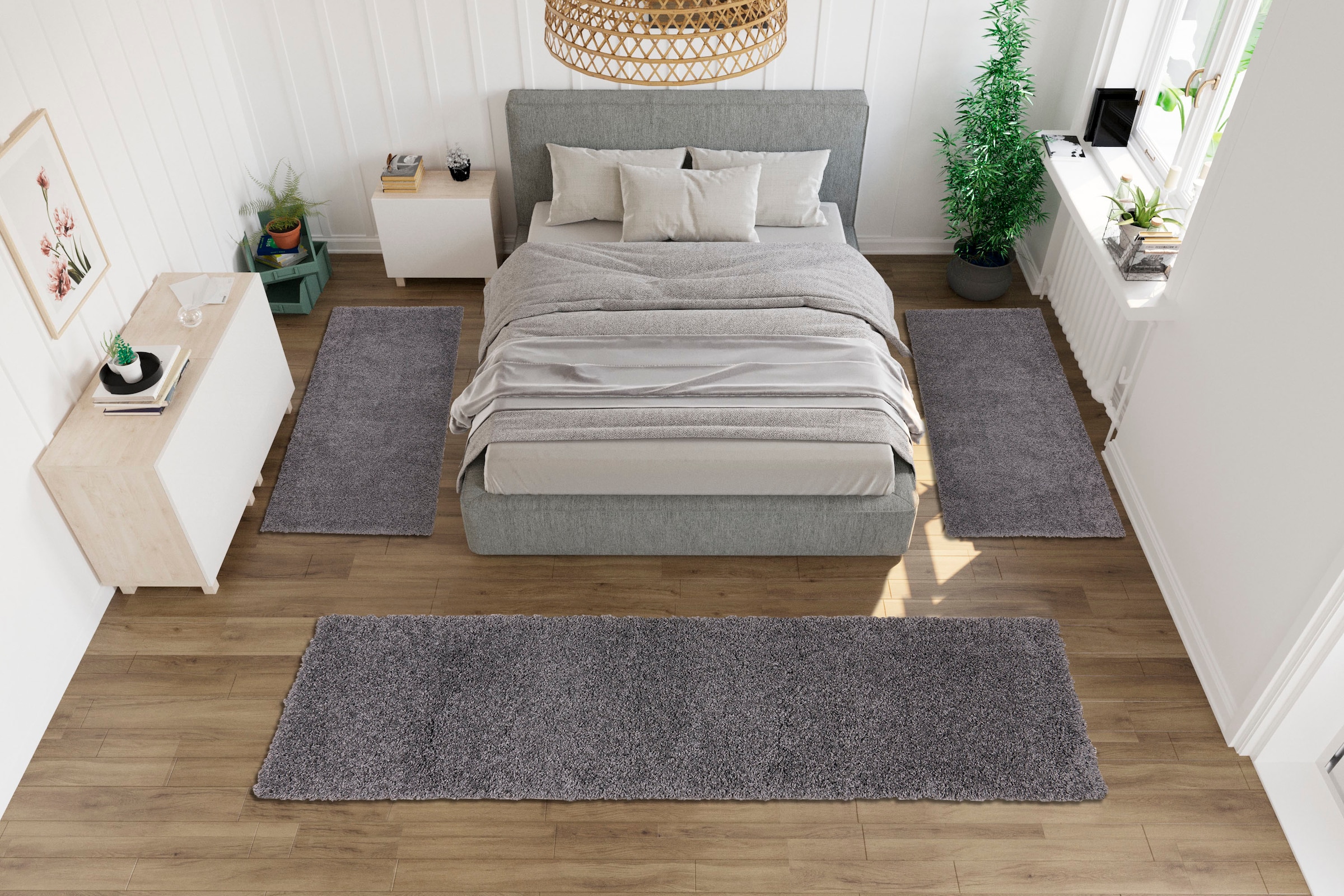 my home Bettumrandung »Shaggy 30«, (3 tlg.), gewebt, 2- oder 3-teilig, Bettvorleger, Läufer-Set, Uni-Farben