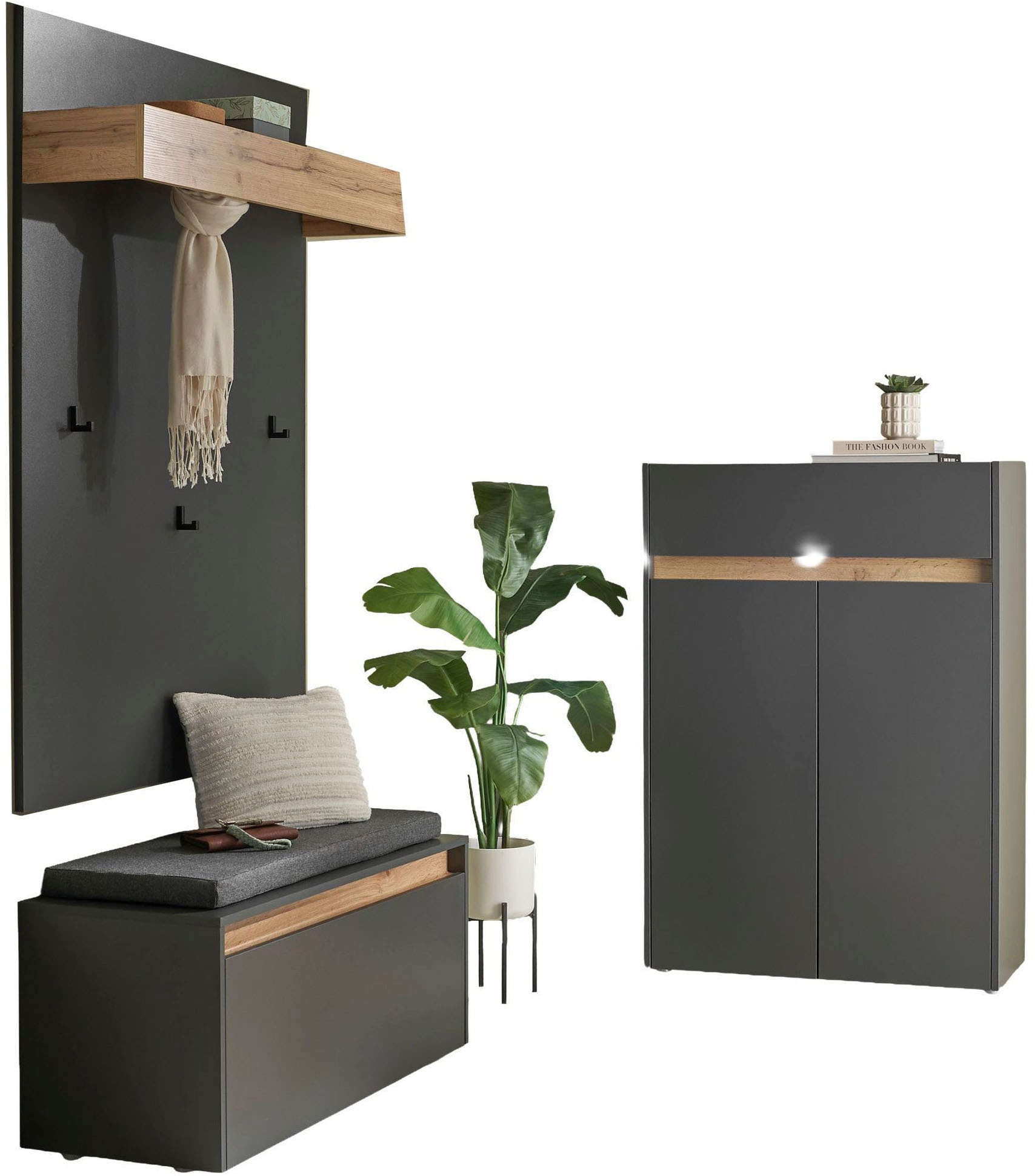 INOSIGN Garderoben-Set »City/Giron, moderne Garderobe, viel Stauraum, ca. 24 Schuhe«, (Set, 3 St.), enthält Schuhschrank, Garderobenpaneel & Garderobenbank mit Sitzkissen