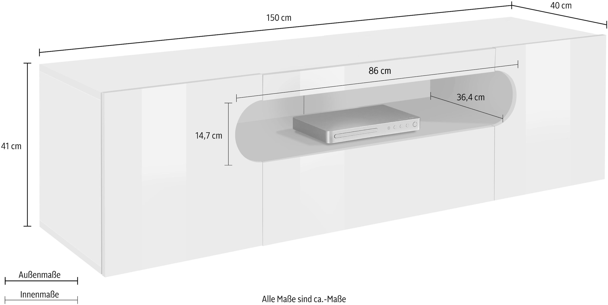 INOSIGN Lowboard »Real, Breite 150 cm,TV-Bank, TV-Kommode, komplett Hochglanz lackiert«, mit 2 abgerundeten Türen,1 Klappe, die ein ovales offenes Fach bilden