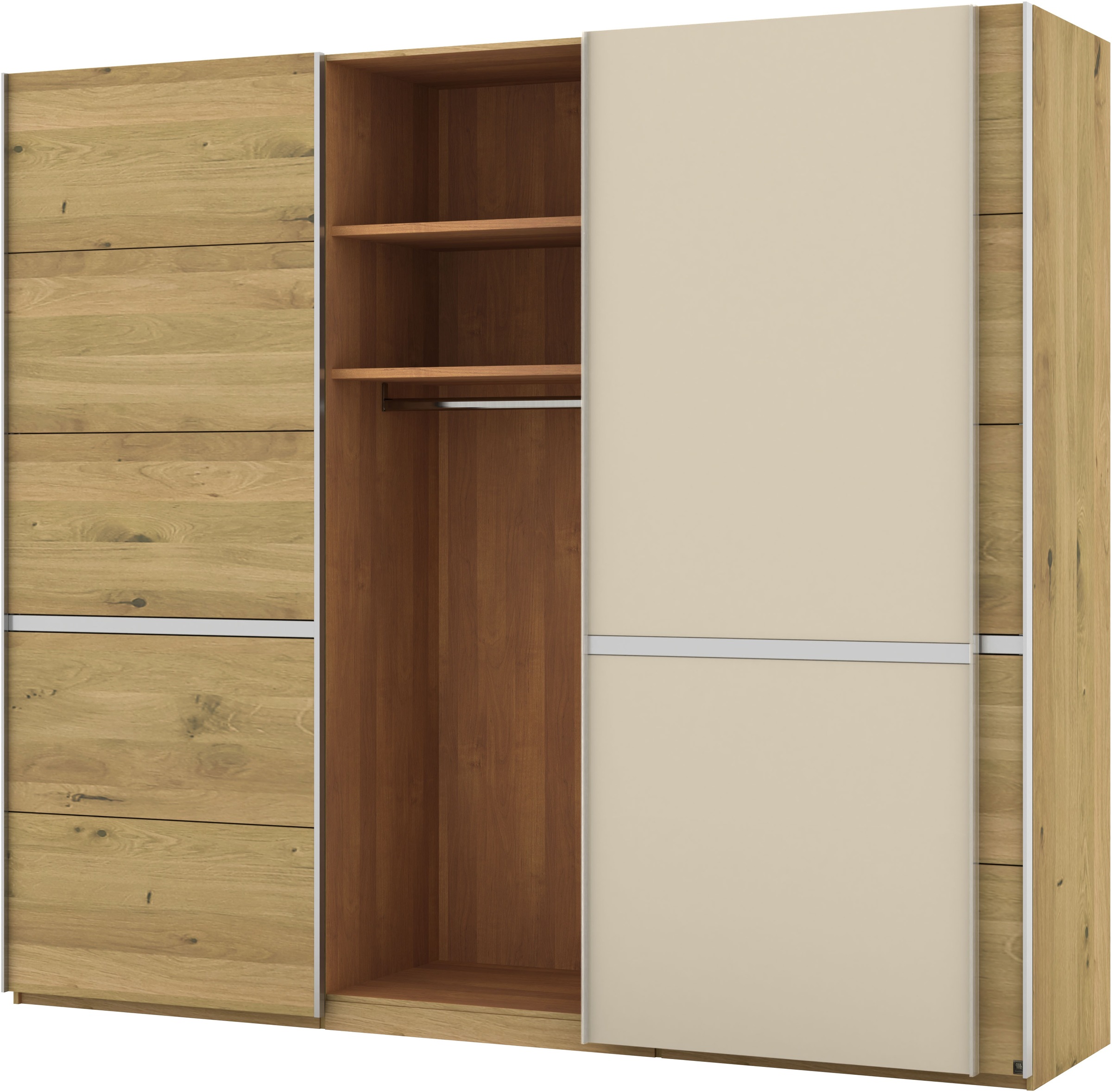 Musterring Schwebetürenschrank »Savona, Kleiderschrank, Schrank, Garderobe, mit Schiebetüren«, (Teilmassiv Bianco-Eiche, mit Spiegel oder Glas, MADE IN GERMANY), Türen Bianco-Eiche massiv, Spiegel-/Glastüren, eingelegte Chromleiste