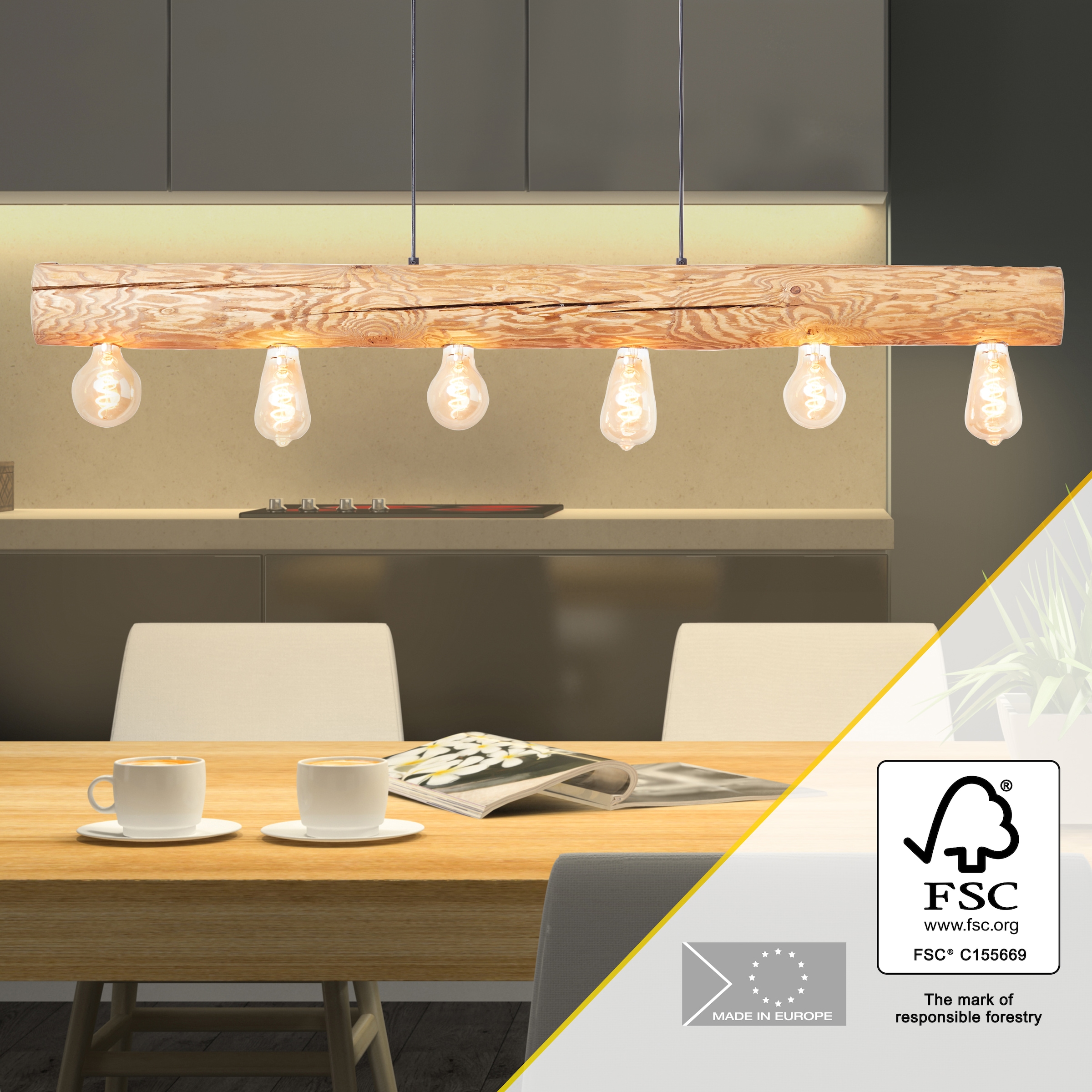 Brilliant Pendelleuchte »Trabo«, 6 flammig, Leuchtmittel E27 | ohne Leuchtmittel, 105cm Höhe, 115cm Breite, 6x E27, kürzbar, Holz/Metall, kiefer gebeizt