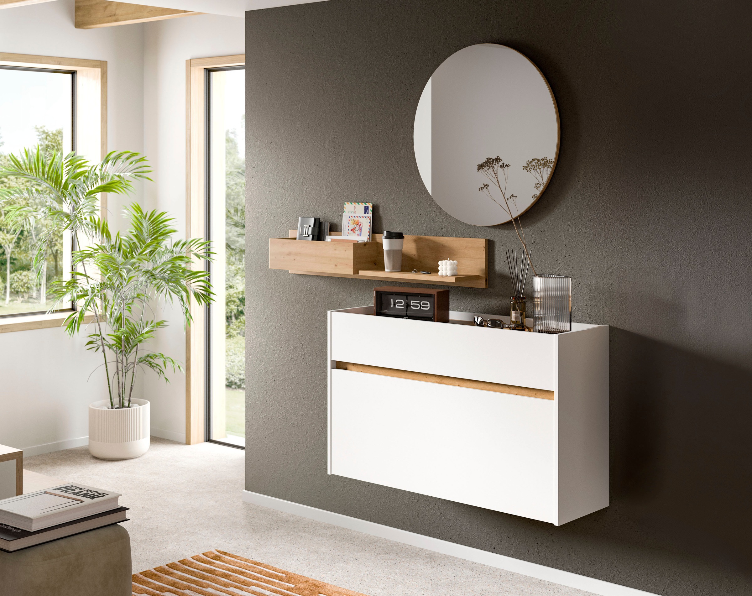 INOSIGN Garderoben-Set »EVRID, 3-teilig, Breite 140 cm, individuell hängbar & erweiterbar«, (3 St., best. aus: Kommode, Wandboard & Spiegel), Garderobenkombination, Garderobe, Wandgarderobe, Flur, Diele
