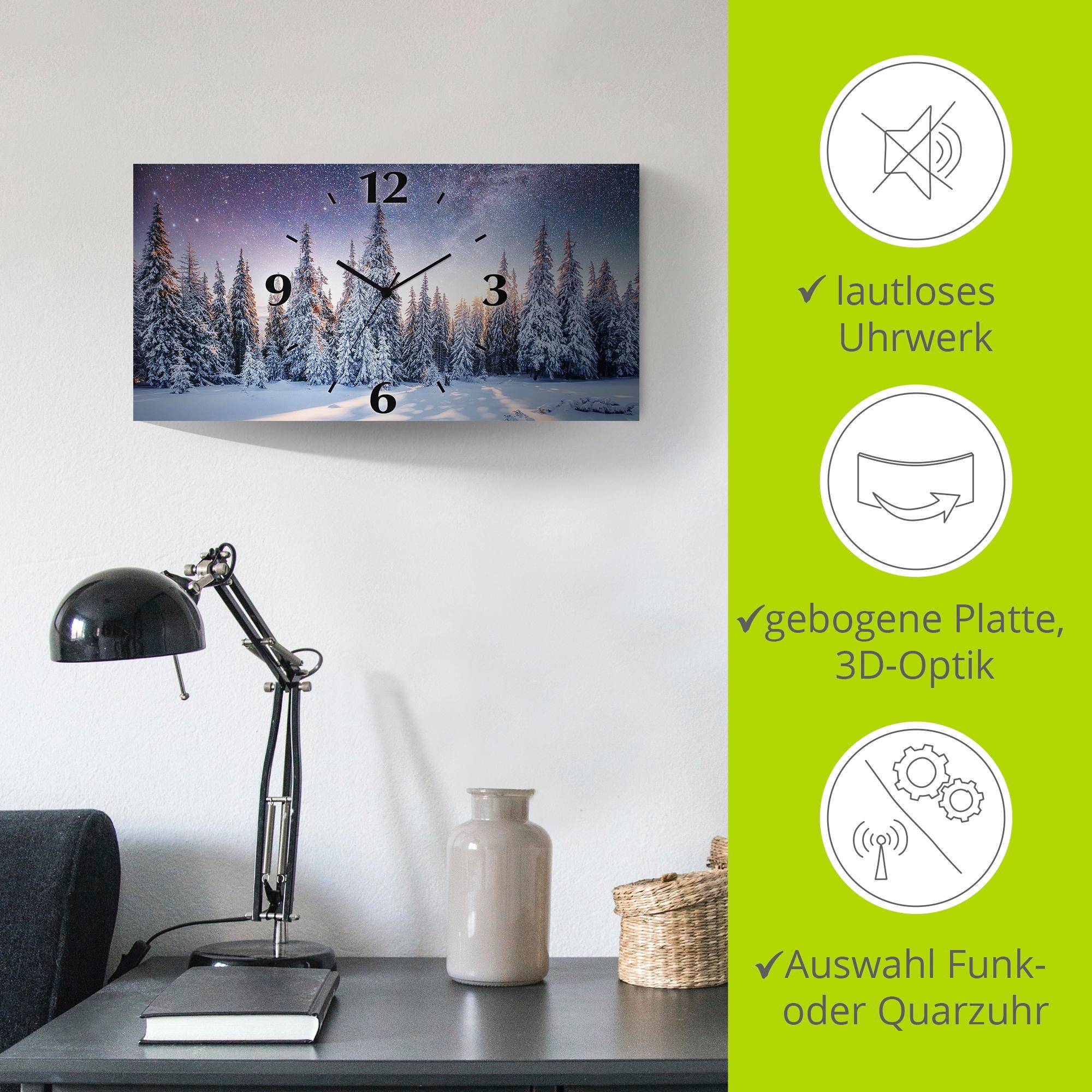Artland Wanduhr »Tannenwald im Schnee«, 3D Optik gebogen, mit Quarz- oder Funkuhrwerk, versch. Größen