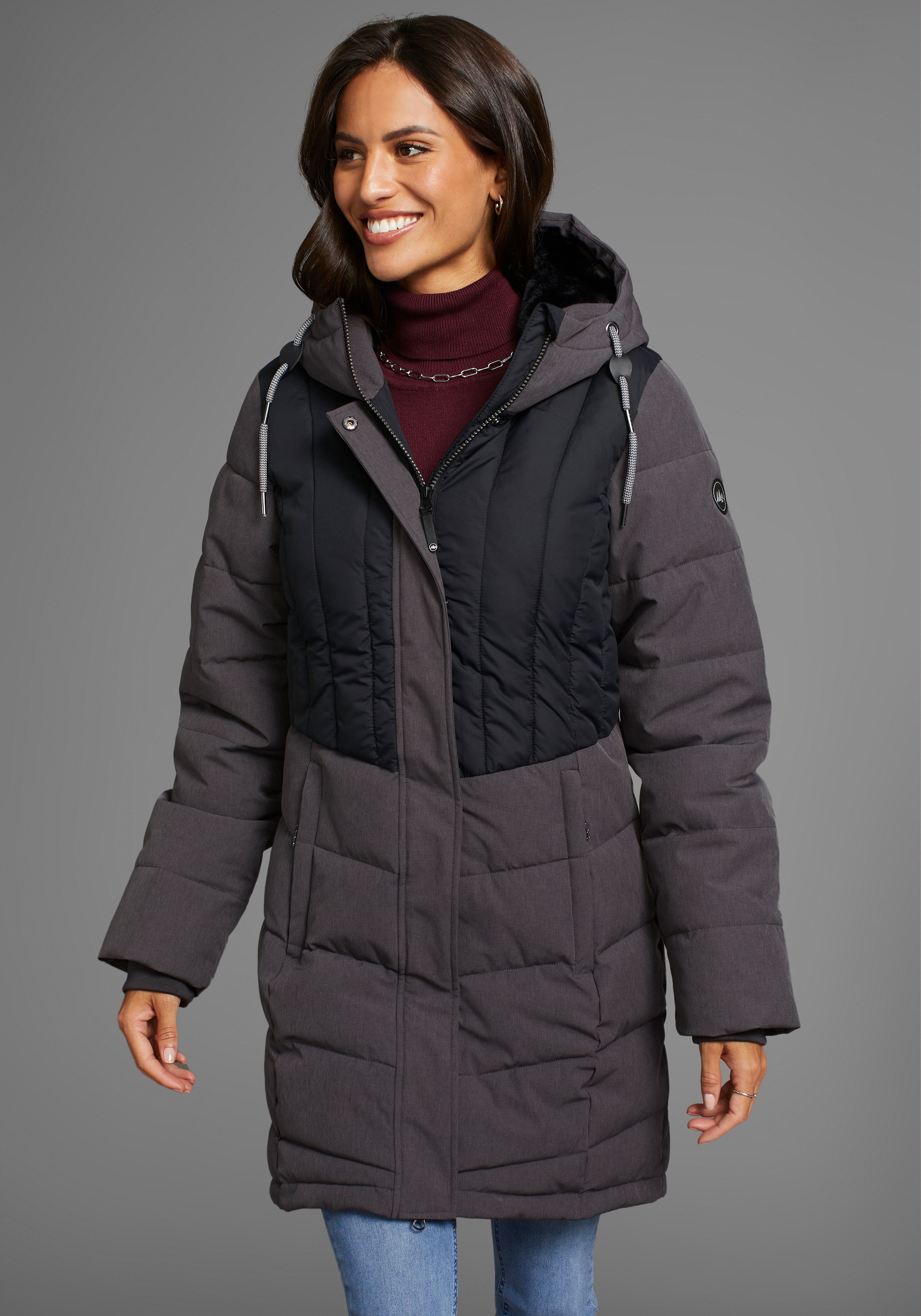 Winterjacke mit Kapuze gesteppter Winterparka mit gefütterter Kapuze, Gr. 42, Anthrazit-schwarz