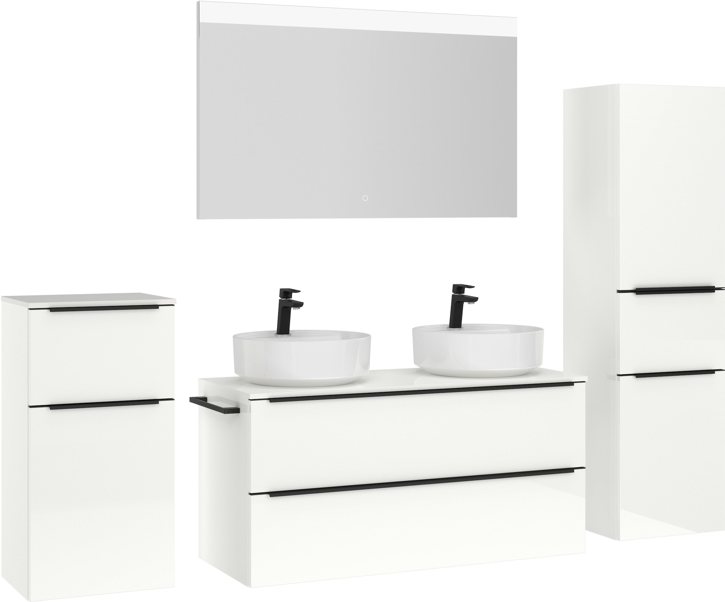 nobilia® Badmöbel-Set »Alvene«, (4 St., vormontiert, mit Soft-Close), Hochglanz, inkl. Spiegel mit Touch-Sensor, in vier Breiten