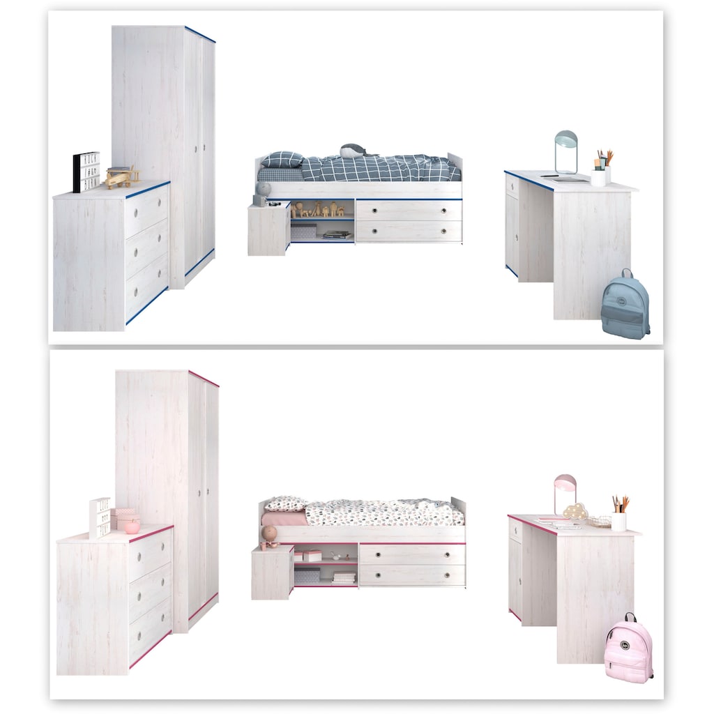 Parisot Jugendzimmer-Set »Smoozy«, (Set, 5 St., Stauraumbett, Nachttisch, Kleiderschrank, Schreibtisch und Kommode)