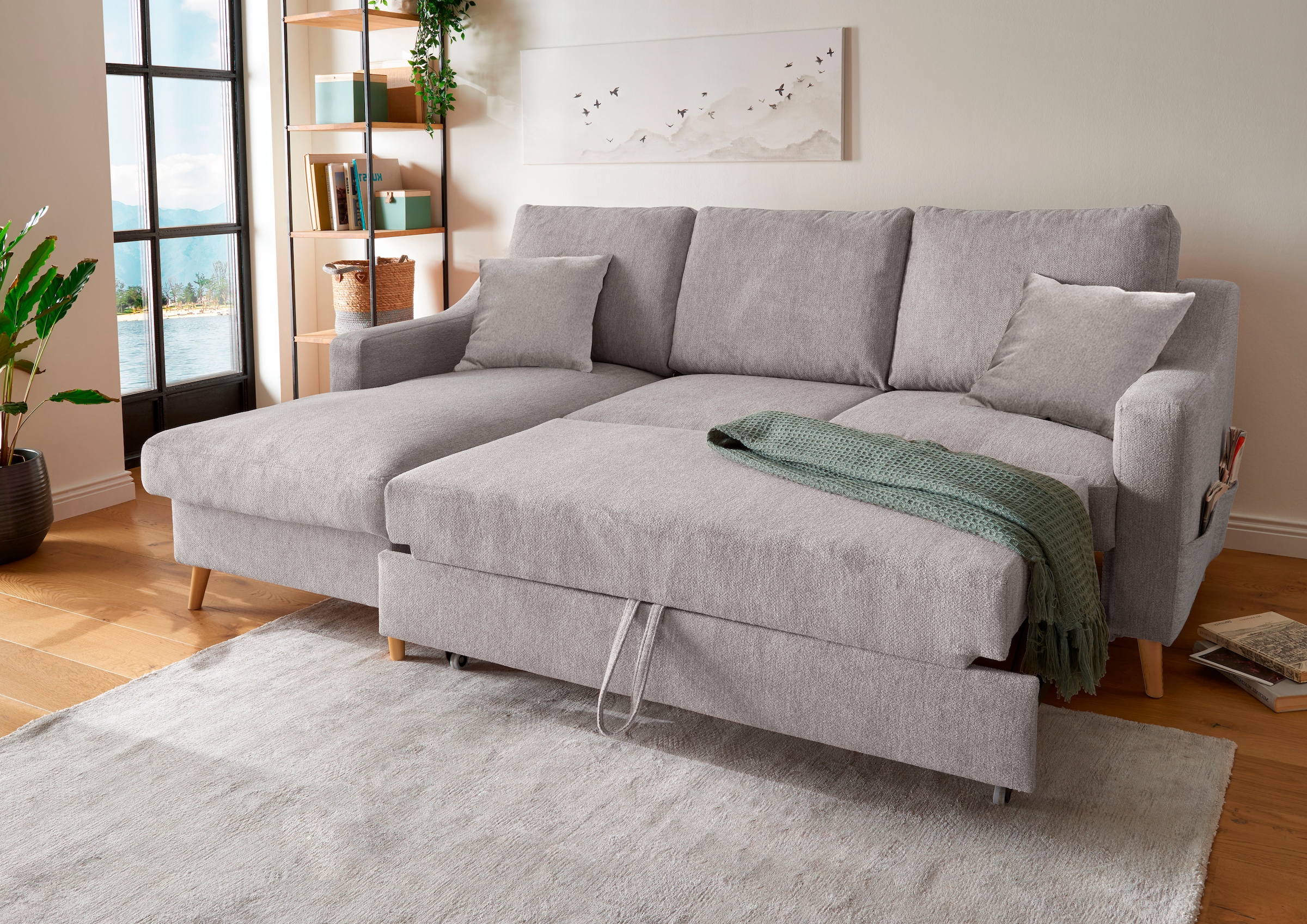 INOSIGN Ecksofa »Valentina L-Form«, 2 Zierkissen, mit Seitentasche, ausziehbarer Liegefläche, Bettkasten