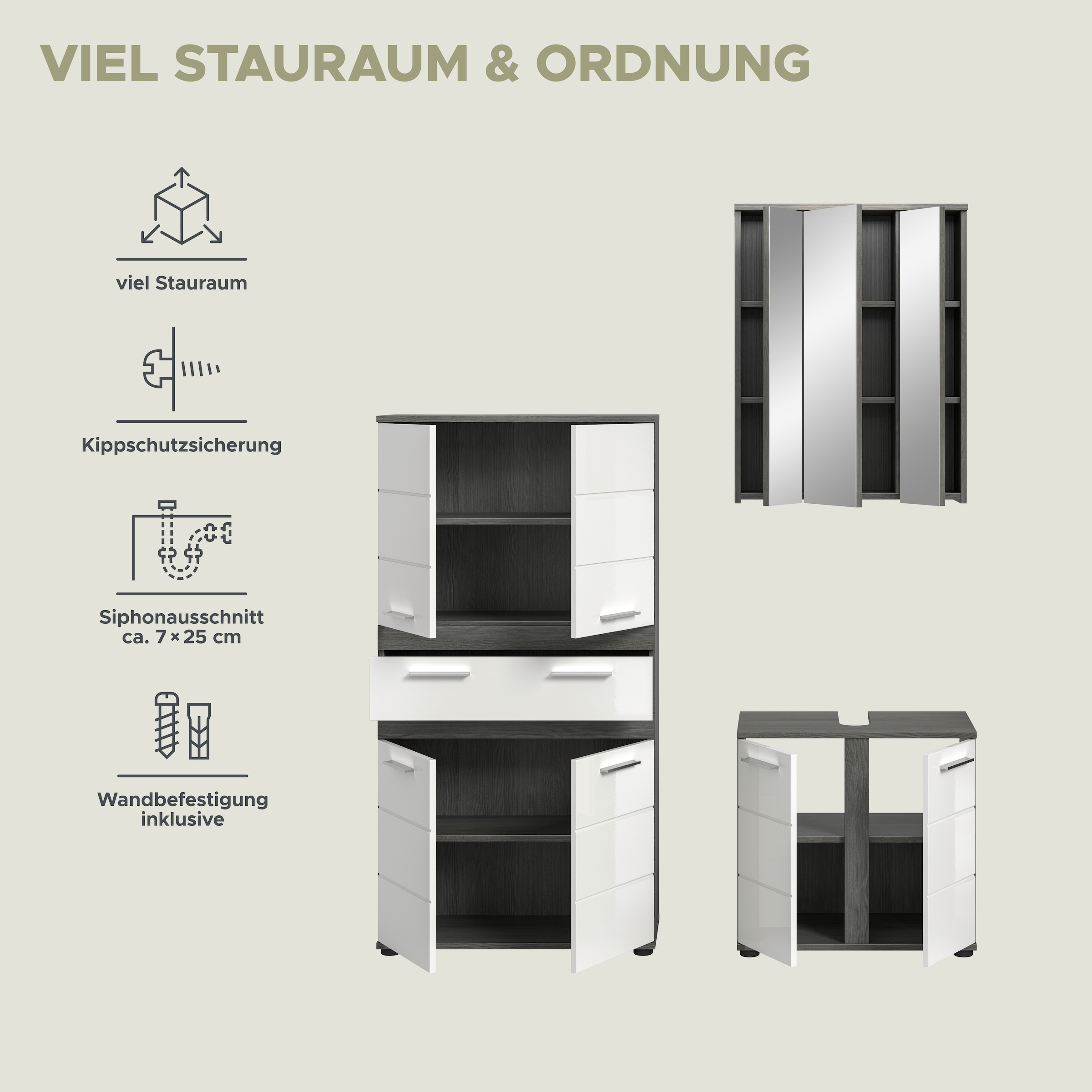 welltime Badmöbel-Set »LUCCA, 3-tlg. Badkombination, viel Stauraum, modernes Design« 3 Stk. tlg.