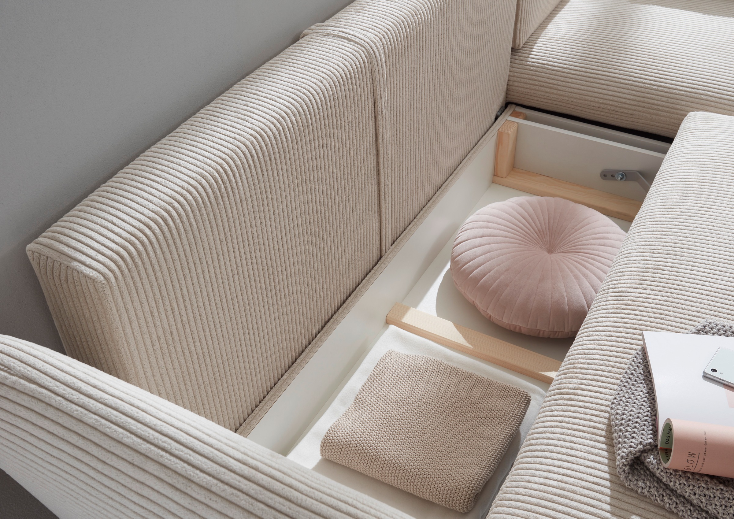 andas Ecksofa »MERLE, 258 cm, L-Form, traumhafter Cord,«, mit Bettfunktion und Bettkasten, Liegefläche 224 x 139