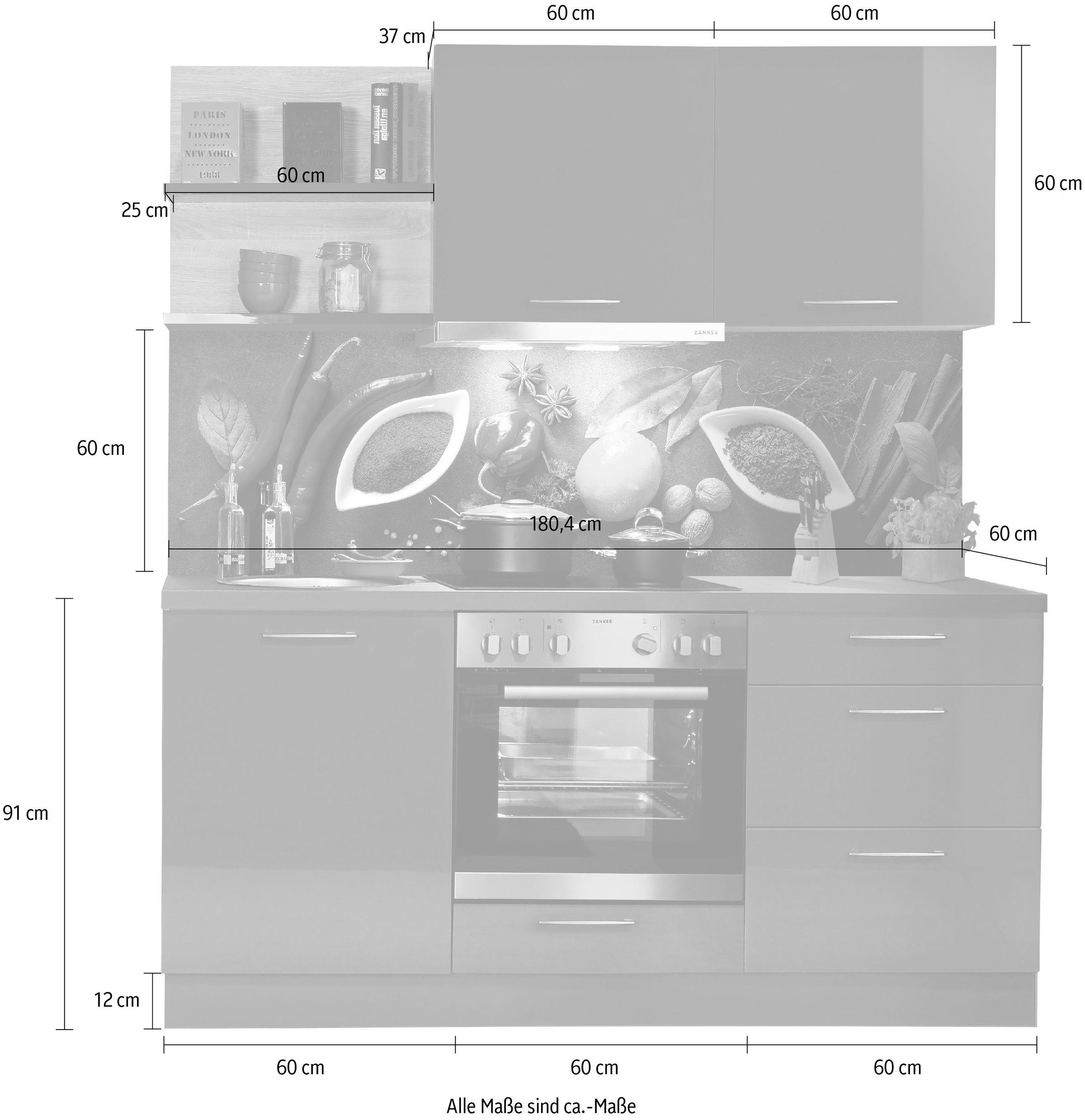 KOCHSTATION Küchenzeile »"KS-Jena", Breite 180 cm, vormontiert«, mit Soft-Close-Funktion, Arbeitshöhe 91 cm, wahlw. mit E-Geräten