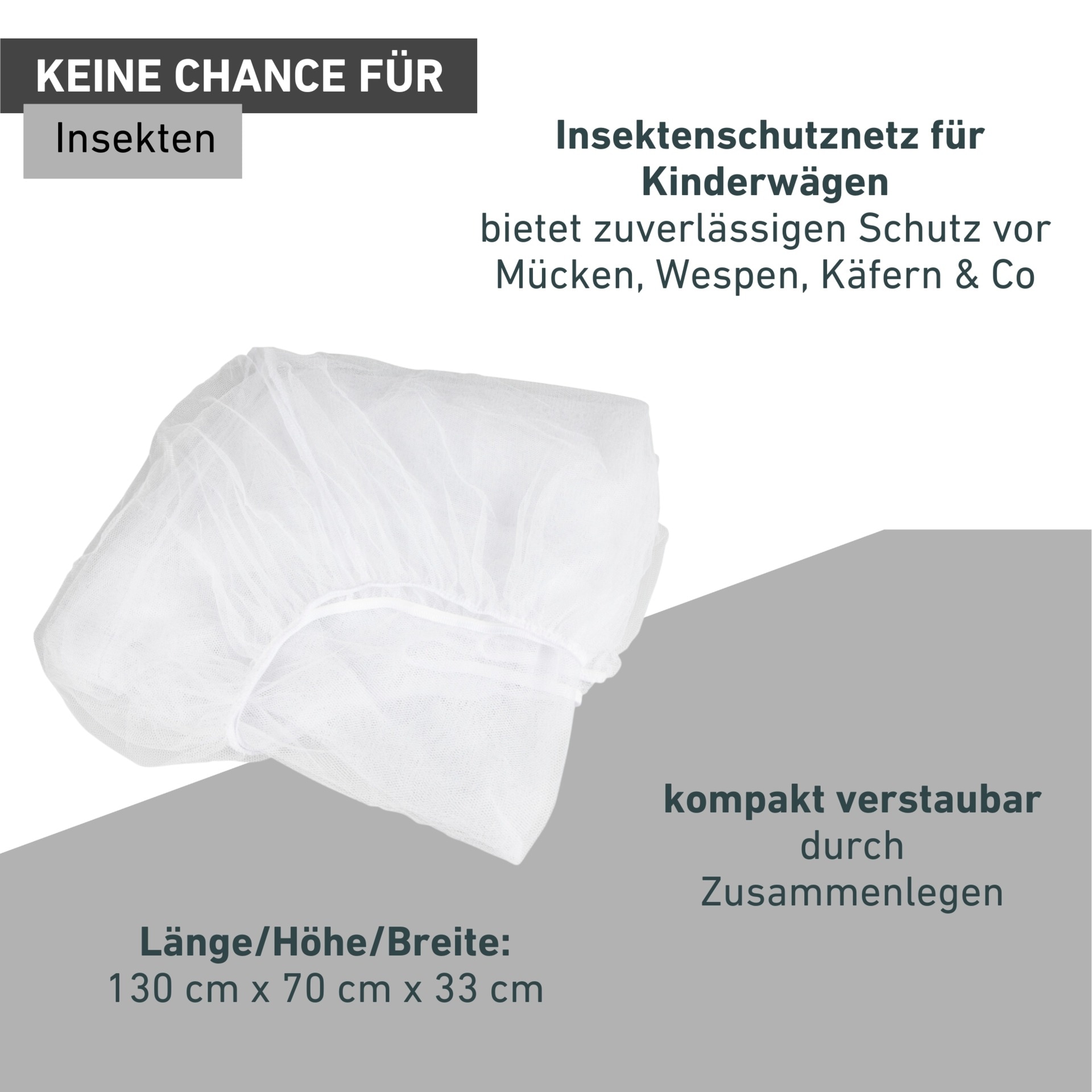 Windhager Kinderwagen-Insektenschutz »für Buggy oder Babyschale, Fliegengitter Licht- und Luftdurchlässig« 1 Stk. tlg. Mückennetz feinmaschig mit Gummizug, 130 x 70 x 33 cm, anthrazit