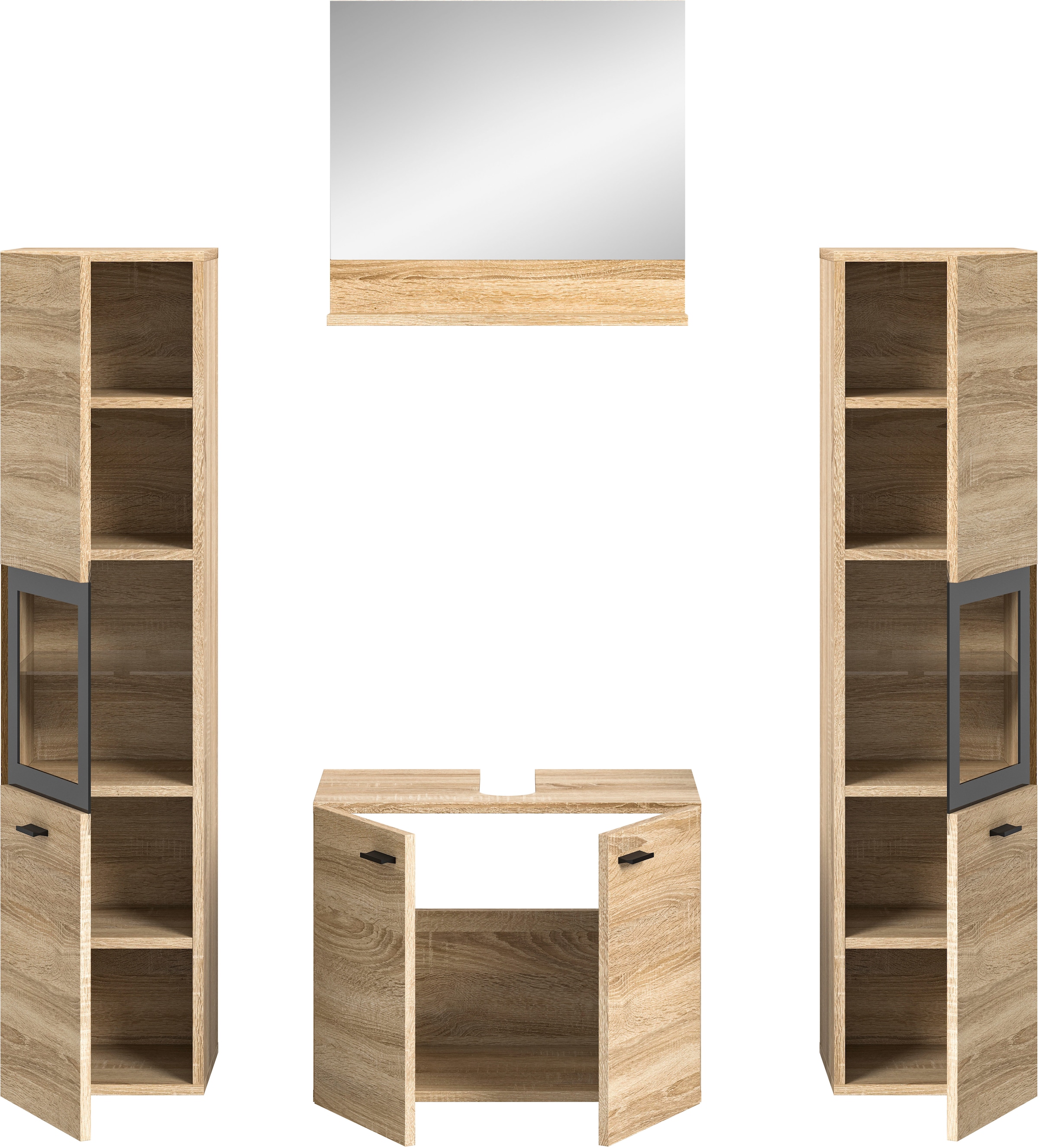 welltime Badmöbel-Set »Tampa, Breite 137cm, 4-teilig«, (4 St.), Waschbeckenunterschrank, Spiegel, Hochschrank