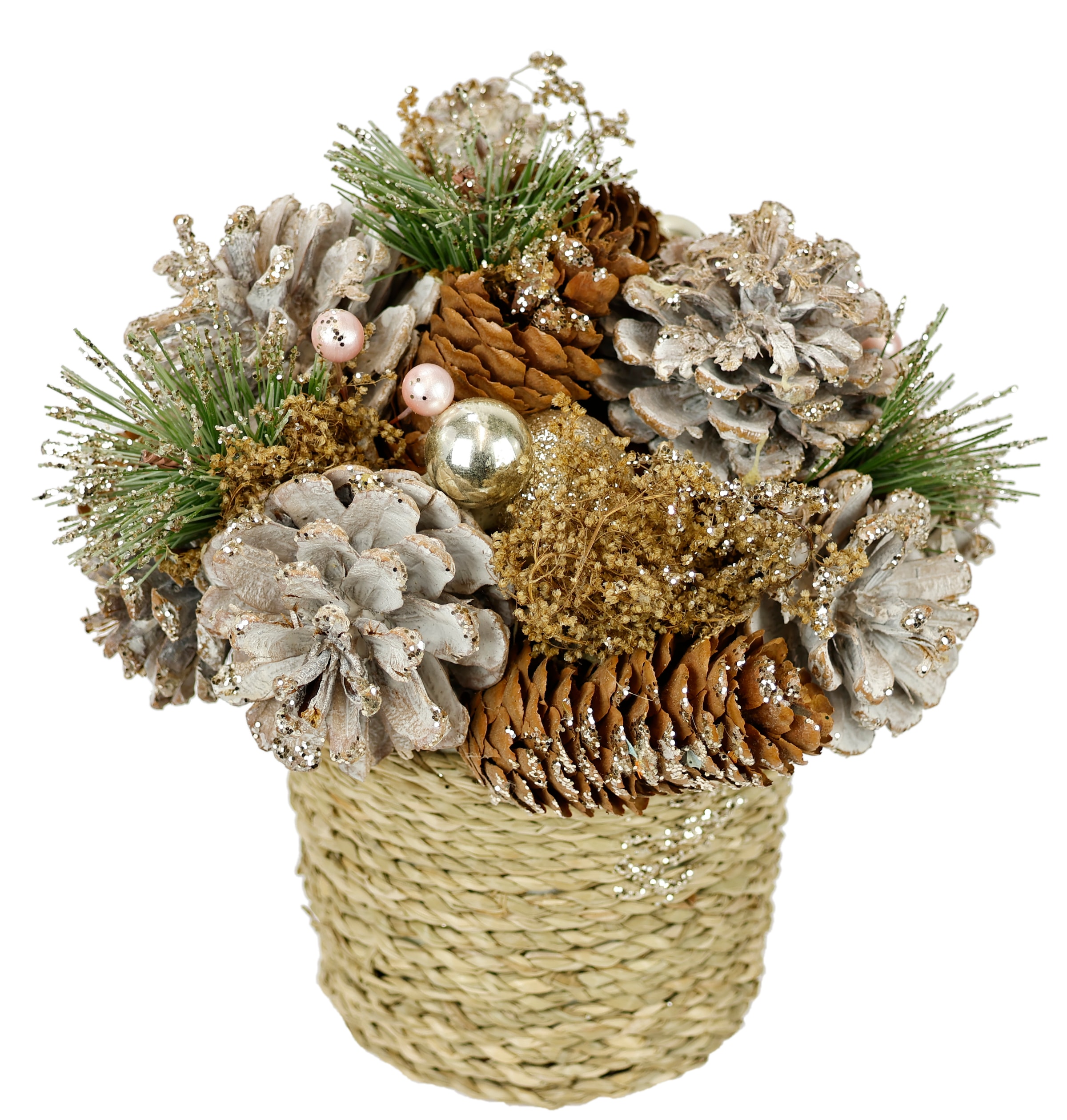I.GE.A. Kunstpflanze »Natur-Gesteck Zapfen«, Im Topf mit Christbaumkugeln Tanne Gesteck Weihnachtsdeko Tischdeko