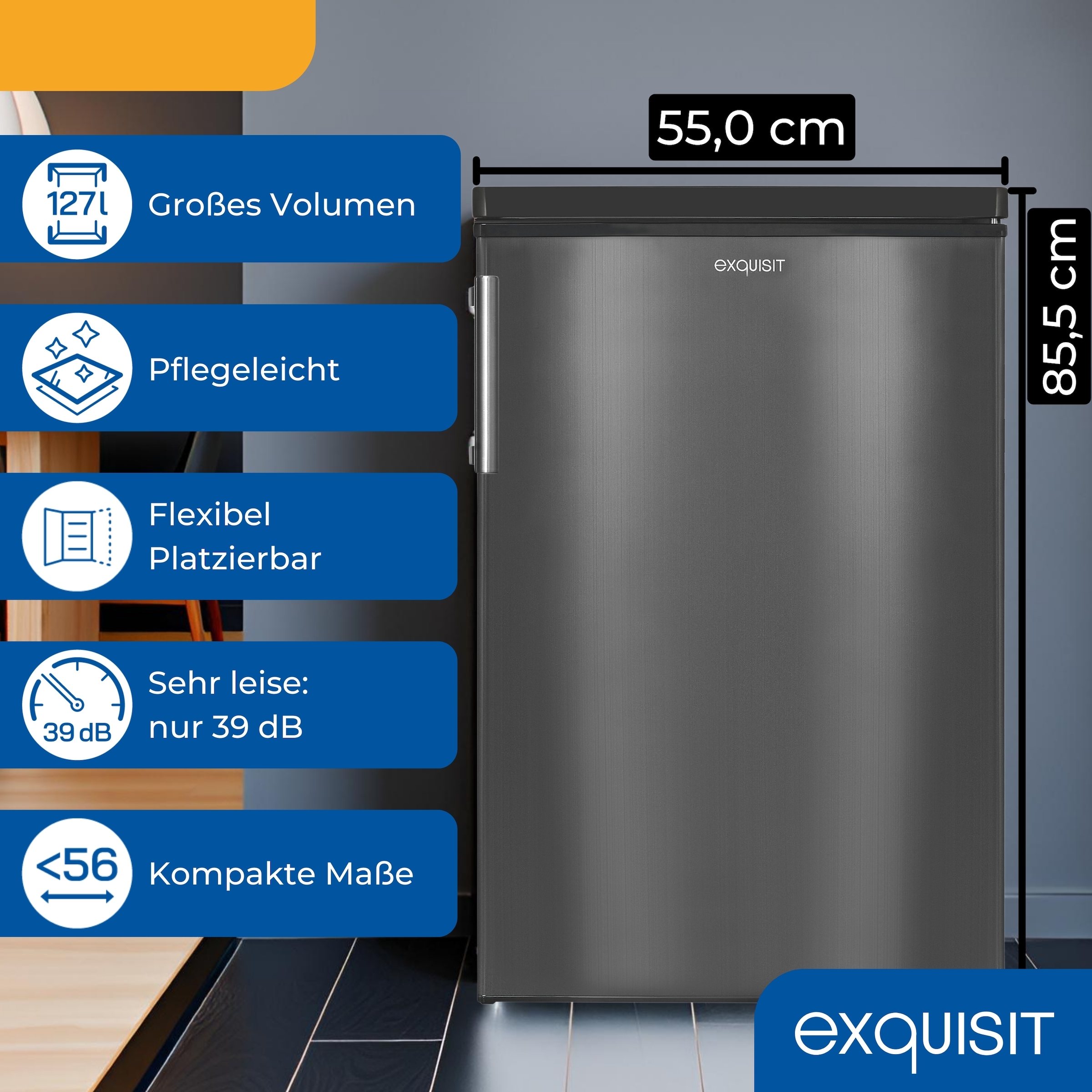 exquisit Kühlschrank »KS16-V-H-040E inoxlook-az« 85,5 cm hoch 55 cm breit Kompakt & flexibel – ideal für Küche, Büro & Ferienwohnung