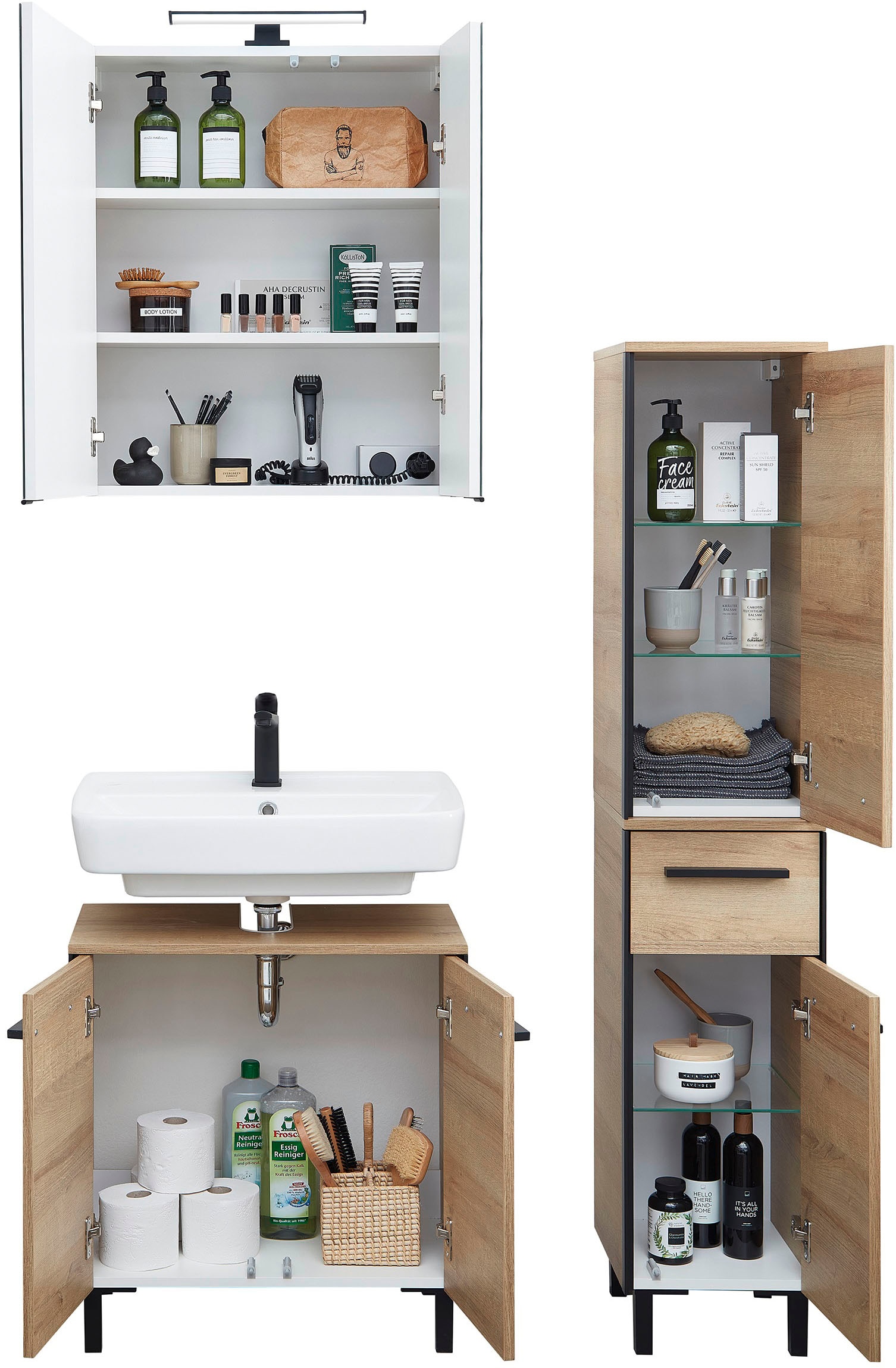 Saphir Badmöbel-Set »Quickset 395 3-teilig, Waschbeckenunterschrank mit LED-Spiegelschrank«, (4 St.), Midischrank, inkl. Türdämpfer, 6 Türen, 1 Schublade, Bad-Set