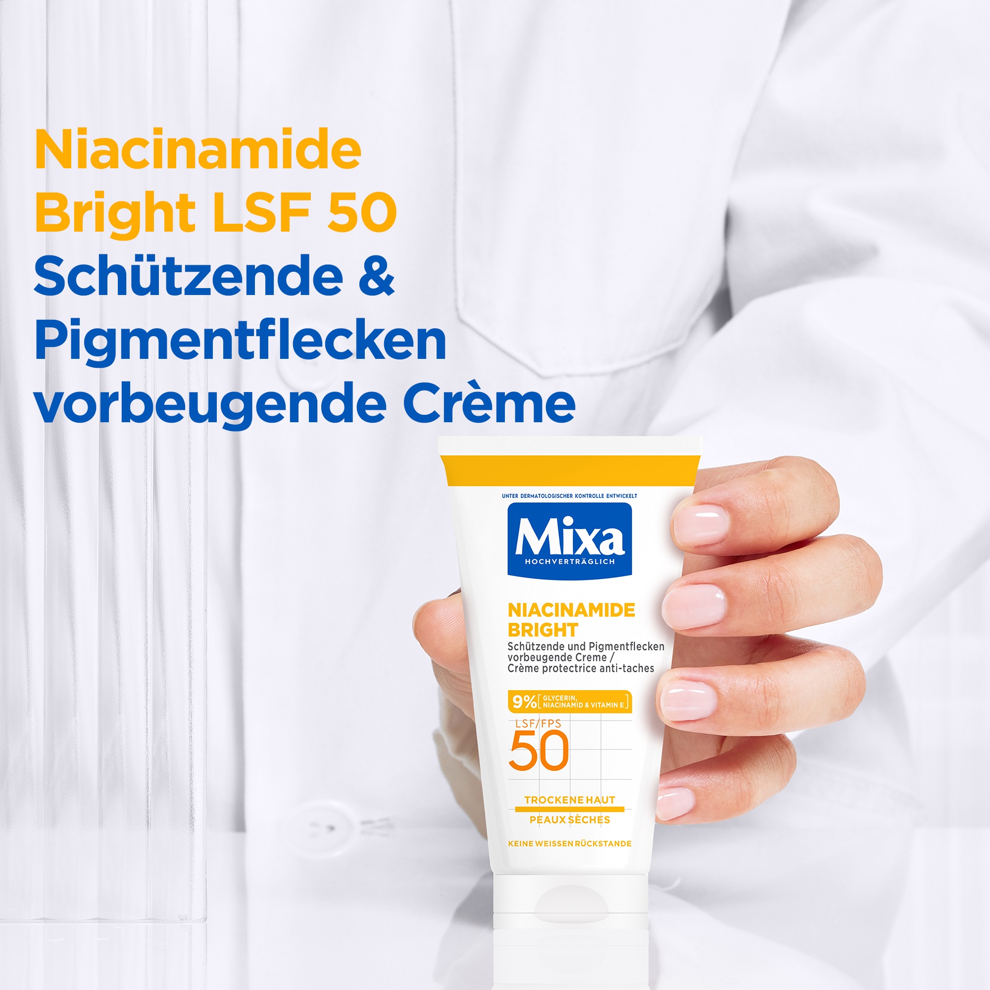 Mixa Körpercreme »Mixa Niacinamide Bright Creme LSF 50«, Mildert sonnenbedingte Pigmentflecken, versorgt trockene Haut.
