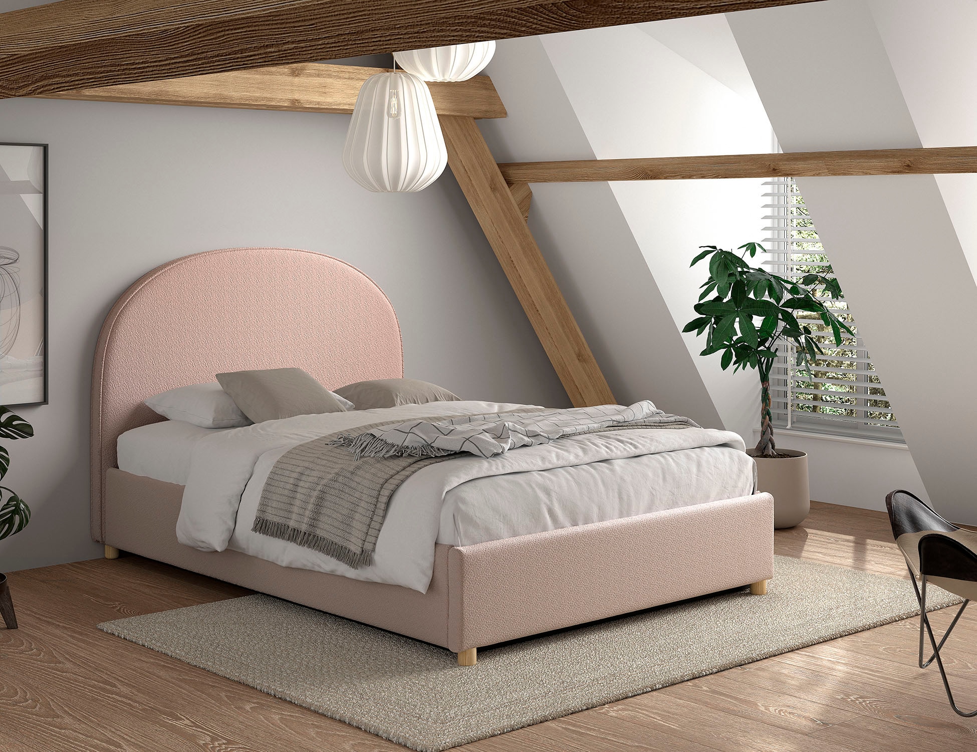 Vipack Boxbett »Moon, mit Lattenrost und Stauraum, modernes Design«, (gerundetes Kopfteil und in 2 Breiten erhältlich), inkl. Massivholz Füßen in natur, 3 Stoff Farben zur Auswahl