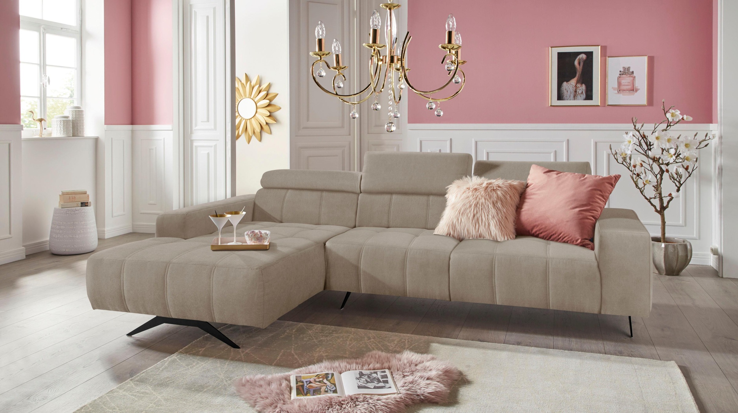 DOMO collection Ecksofa »Trento L-Form, mit Kufenfuß oder Einzelfuß«, wahlweise mit Kopfteilverstellung, Recamiere links/rechts bestellbar