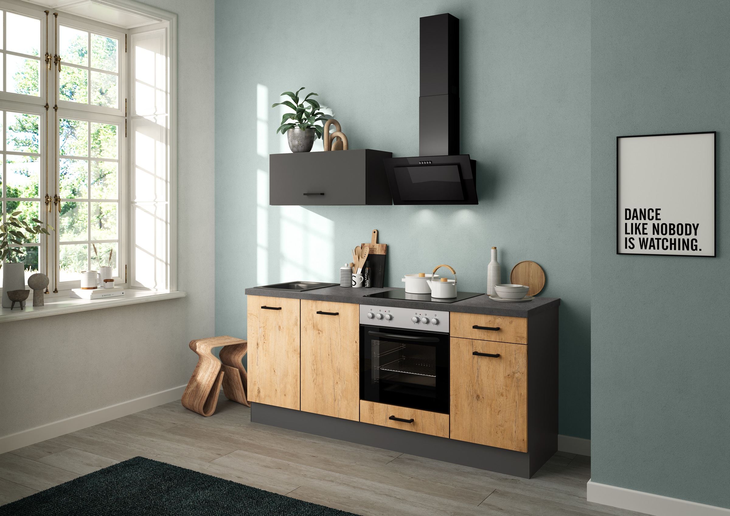 IMPULS KÜCHEN Küchenzeile »"Lissabon", Ausrichtung wählbar, Schubkästen mit Soft-Close,«, (Set), vormontiert, wahlweise mit E-Geräten, mit Vollauszug, Breite 195 cm