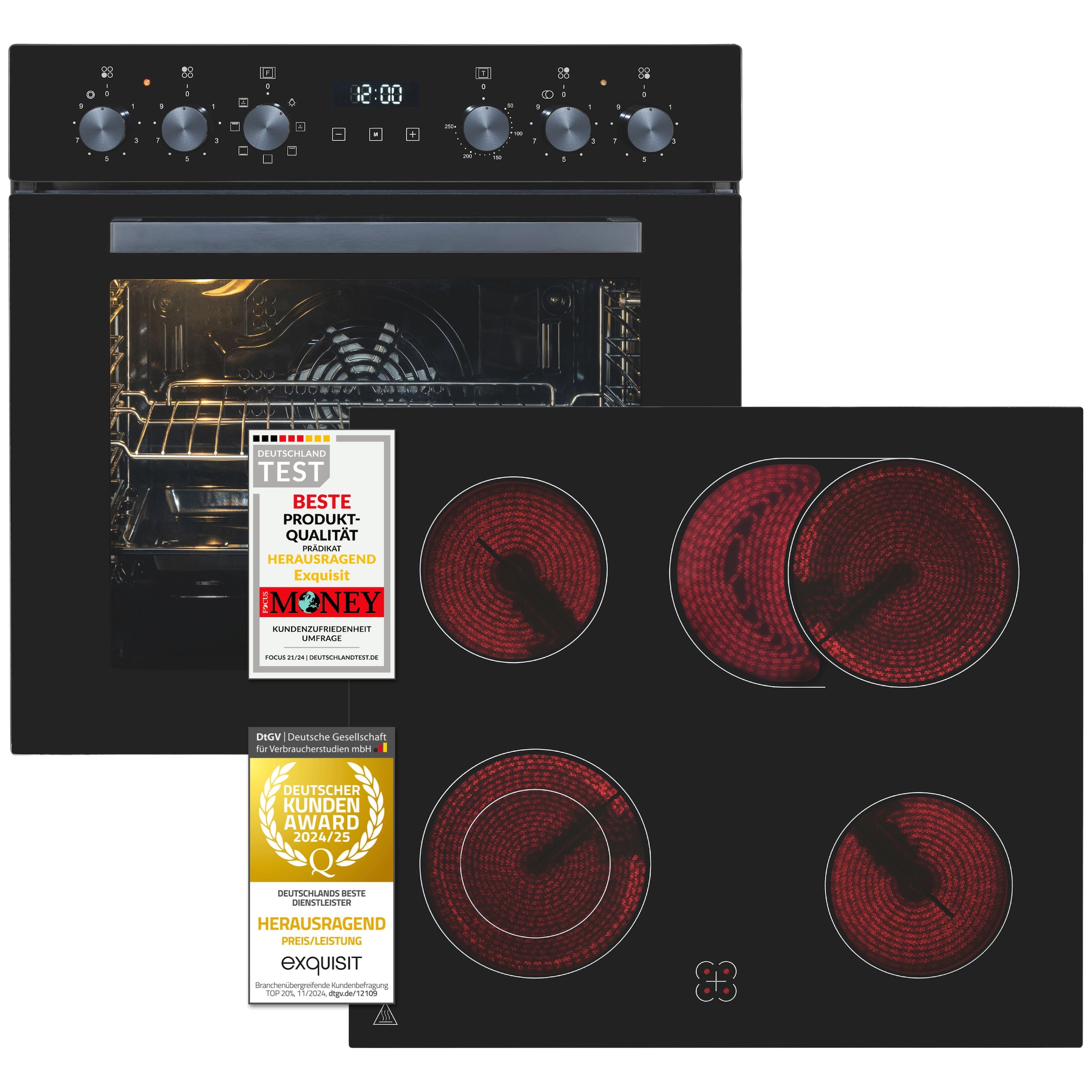 exquisit Backofen-Set »EHE258-UBZ-020-Set schwarz« Backofen | Glaskeramikkochfeld, 2 Stk. tlg. Vielseitiger Grill und 4-Zonen-Glaskeramikkochfeld – einfach & sicher!