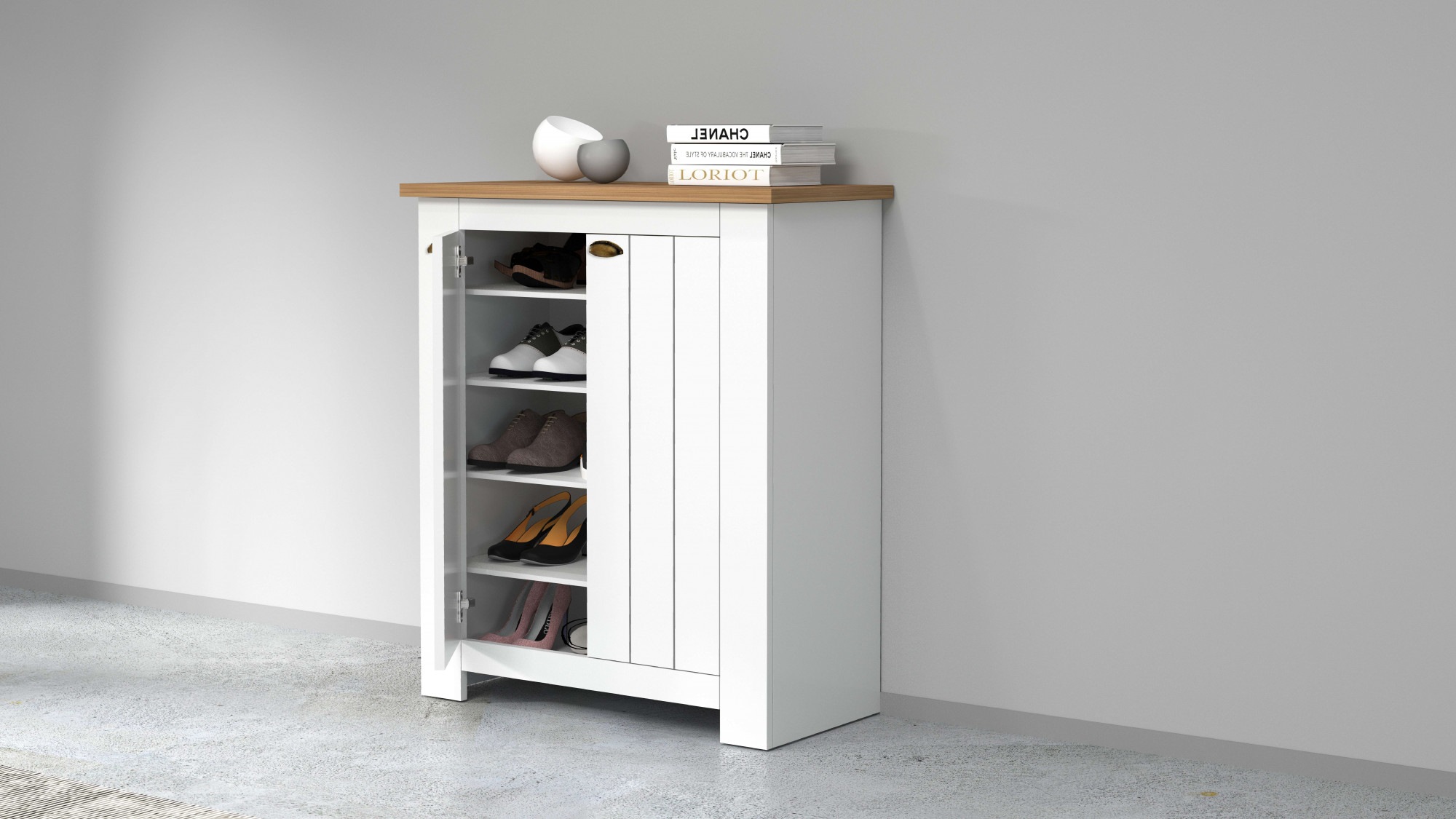 INOSIGN Schuhschrank »FIGO, Made in Italy – Schuhkommode,Schuhregal für ca. 20 Paar Schuhe«, (1 St.), 4-Türig, Siebdruck-dekorative Fräsungen, 10 Fächer, Breite 84 cm