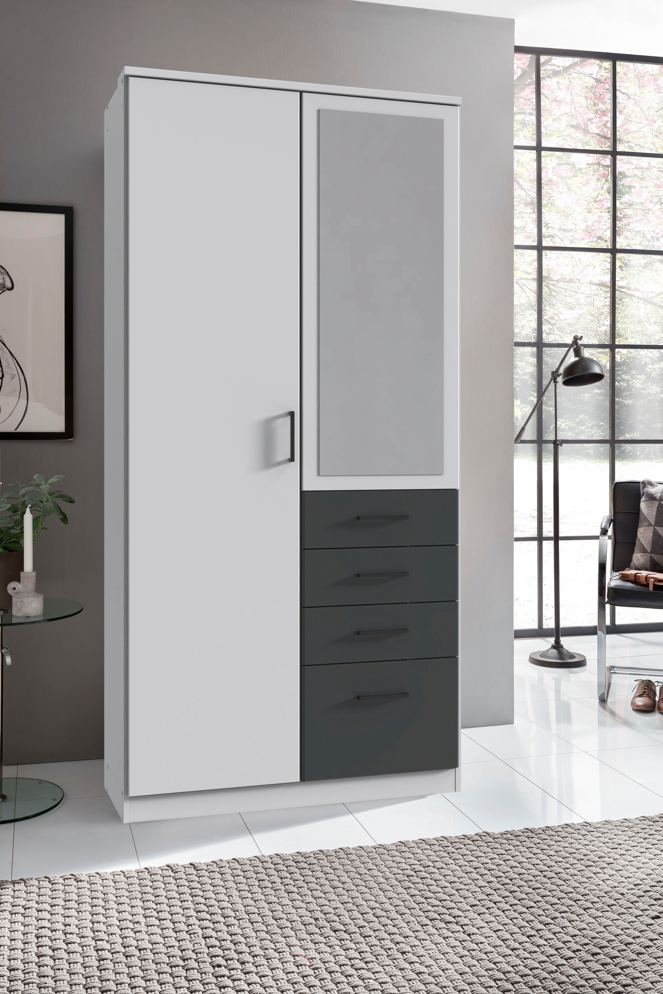 Wimex Kleiderschrank »Cottbus, in weiß oder grau modern kombiniert mit graphitfb.Schubladen«, (in 3 Größen, schwarze Griffe, Made in Germany), mit 4 Schubladen, wahlweise mit oder ohne Spiegel