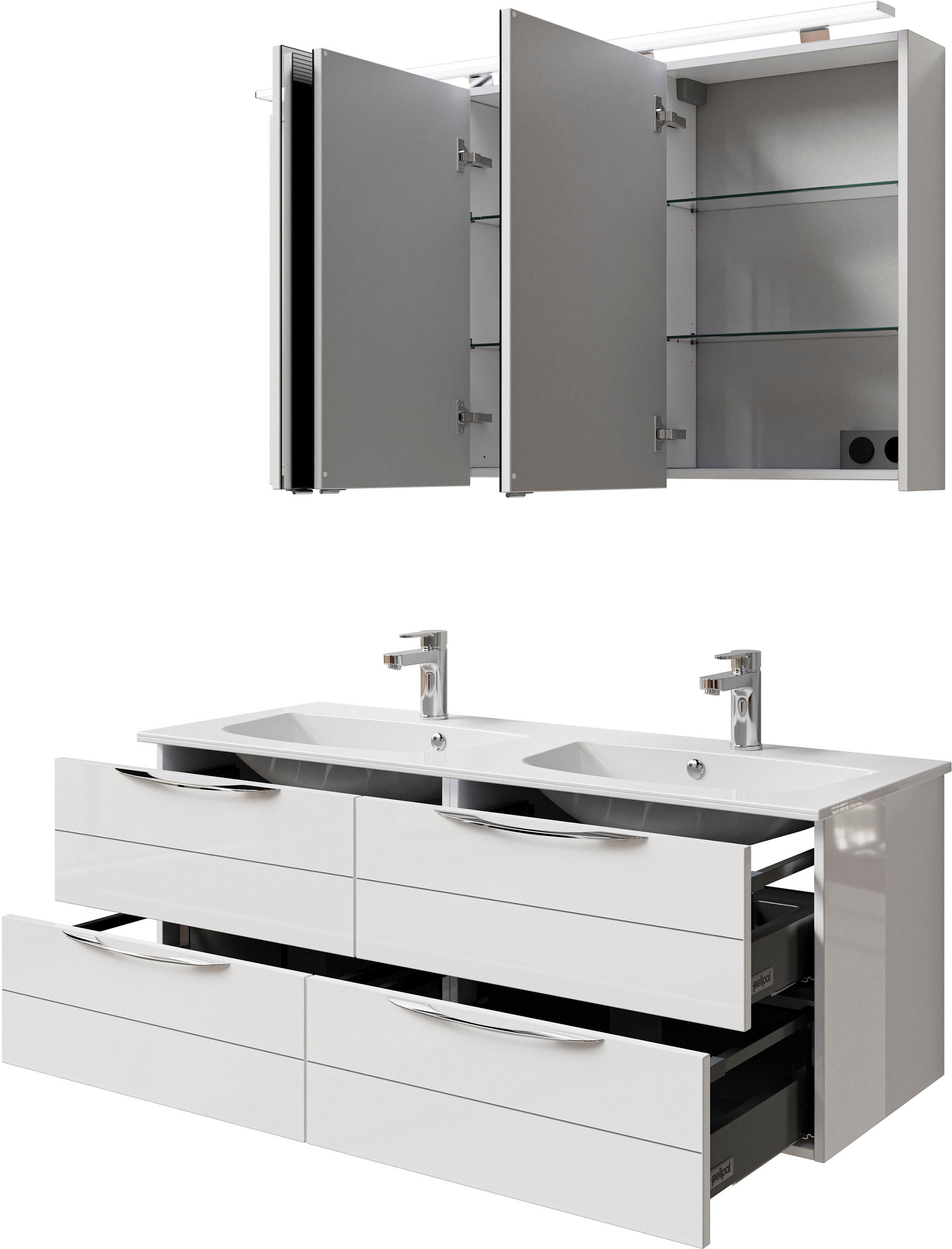 Saphir Badmöbel-Set »Serie 6025 2-teilig Mineralmarmor-Waschtisch mit LED-Spiegelschrank«, (2 St.), Waschplatz 132cm breit, 4 Schubladen, 2 Spiegel-Türen, inkl Türdämpfer