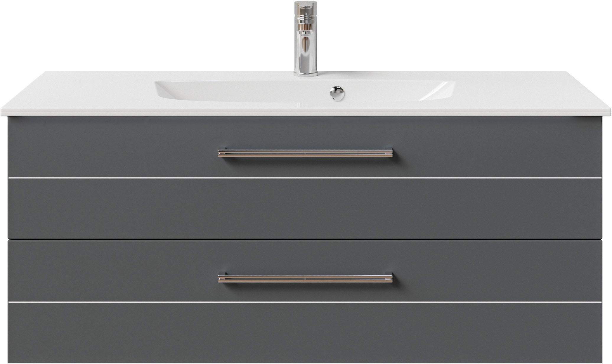 Saphir Badmöbel-Set »Serie 6025 2-teilig Mineralmarmor-Waschtisch mit LED-Spiegelschrank«, (2 St.), Waschplatz 117cm breit, 2 Schubladen, 3 Spiegel-Türen, inkl Türdämpfer