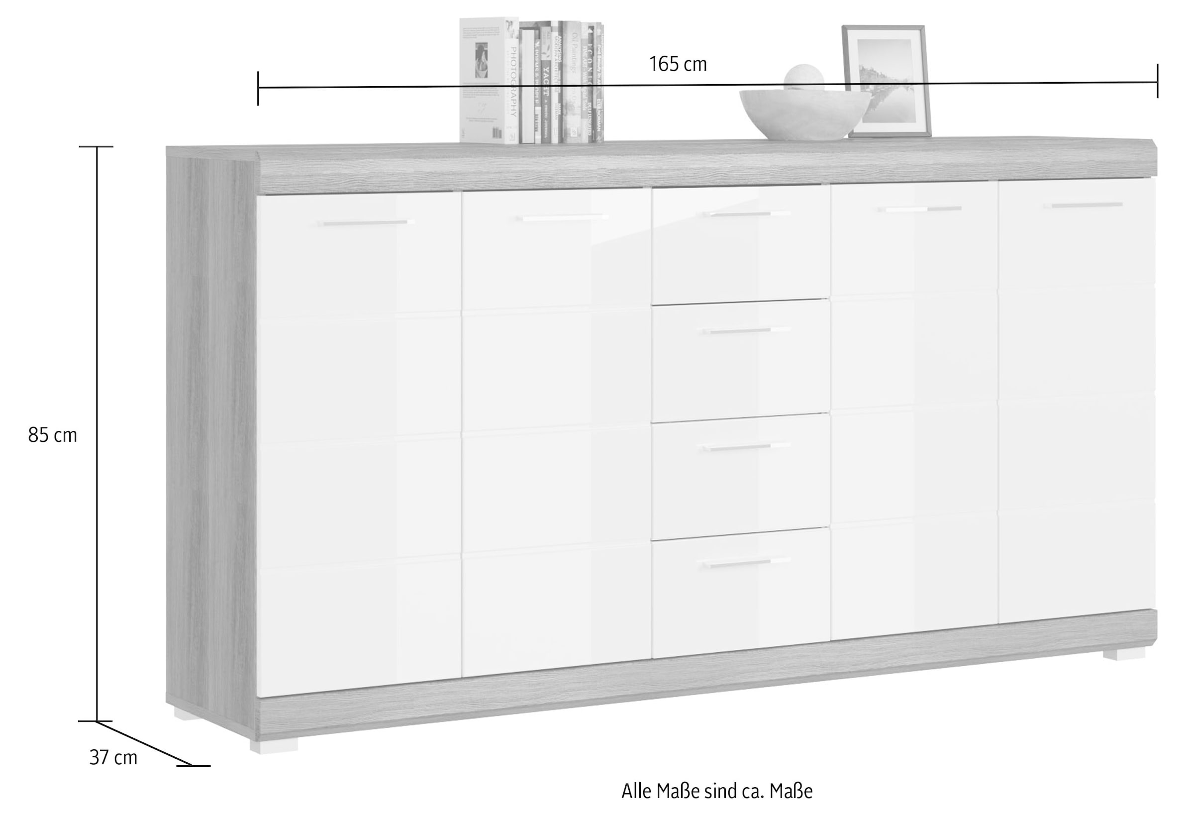 INOSIGN Kommode »Siena, Breite 165cm, 4 Türen, 4 Schubkästen, 8 Einlegeböden, 12 Fächer«, Front-Rillenfräsung, Schuhkommode, Schuhschrank, Anrichte, Sideboard