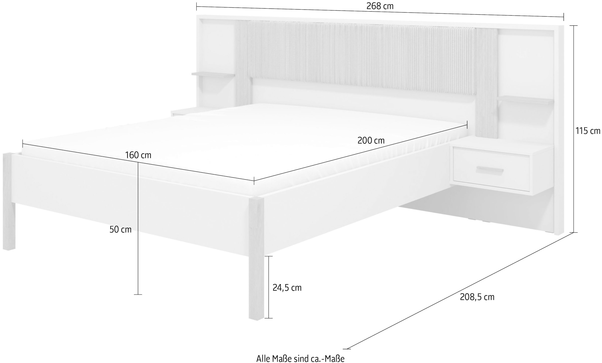 Home affaire Bett »Belfort Bettanlage, mit gepolstertem Kopfteil, weicher Cordstoff«, (Set, 3 tlg., Bett und 2 Wandpaneele mit Nachtkommoden), Liegefläche 160x200cm, FSC®-zertifizierter Holzwerkstoff