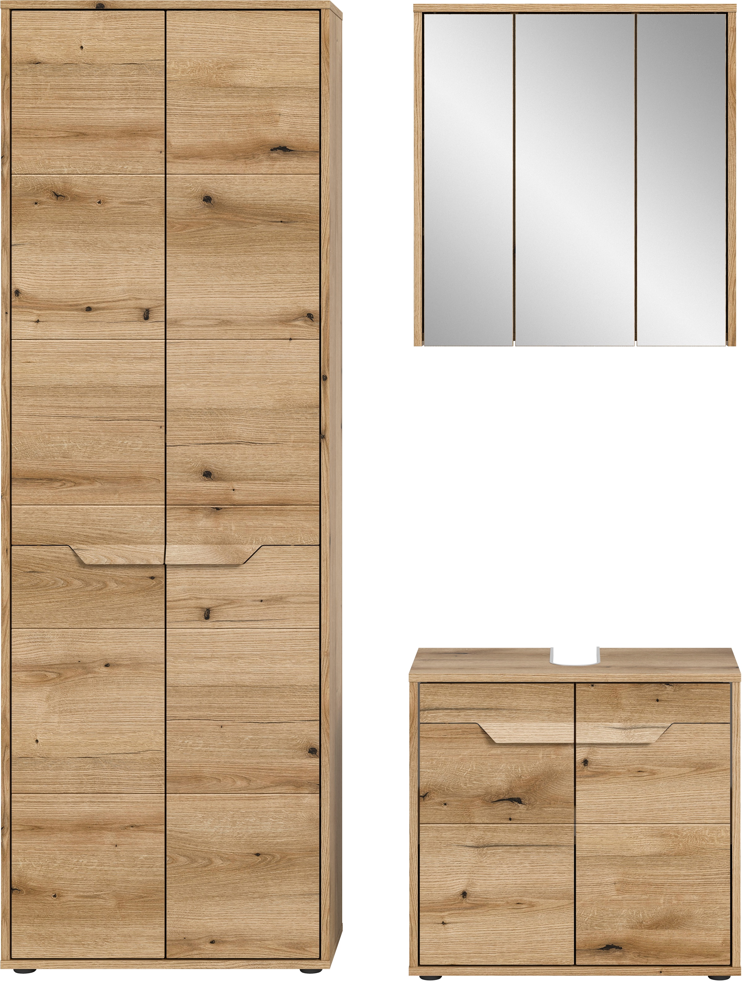 welltime Badmöbel-Set »Kayu, bestehend aus: Hochschrank, Waschbeckenunterschrank,«, Spiegelschrank, hochwertige MDF Front mit Rillenfräsung, Bad, Bad Set