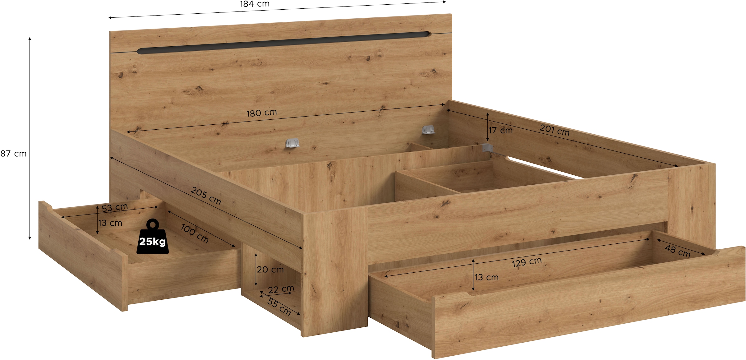 Home affaire Stauraumbett »REHAT, in 144 oder 184 cm Breite, 3 Schubkästen, 2 offene Fächer« TOPSELLER!, für Matratzen 140x200 cm, viel Stauraum, ohne Lattenrost, 1 tlg. Bett, Kastenbett, Bettgestell, Schlafzimmer, Schlafen