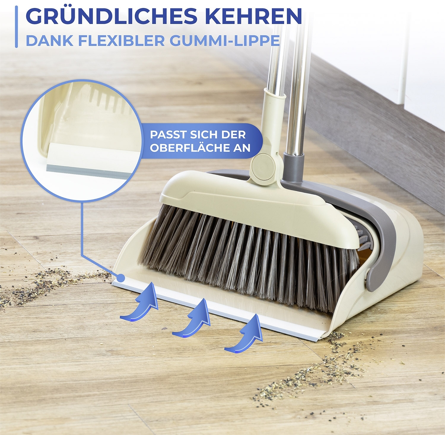 Maximex Kehrgarnitur »Modell Flexi«, Komplett-Set, 2 St., aus Edelstahl, 180° drehbare Eck-Kehrgarnitur mit Teleskop-Stiel, rückenschonend