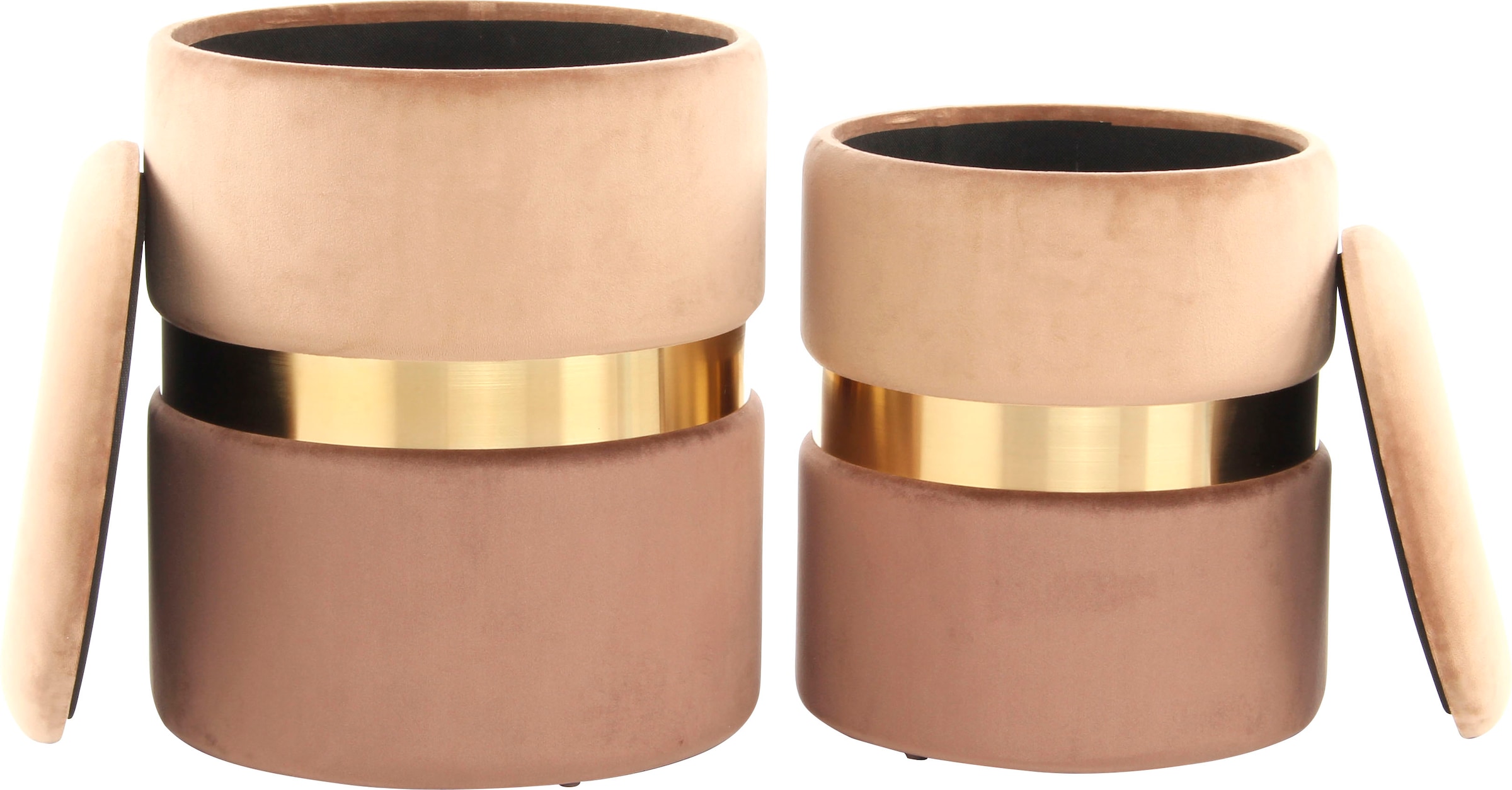 Kayoom Stauraumhocker »Hocker Zora 125 2er-Set, samtweicher Stoffbezug,runde elegante Form«, (Set, 2 St.), edles Design mit Metallring, gepolstert, mit Stauraum