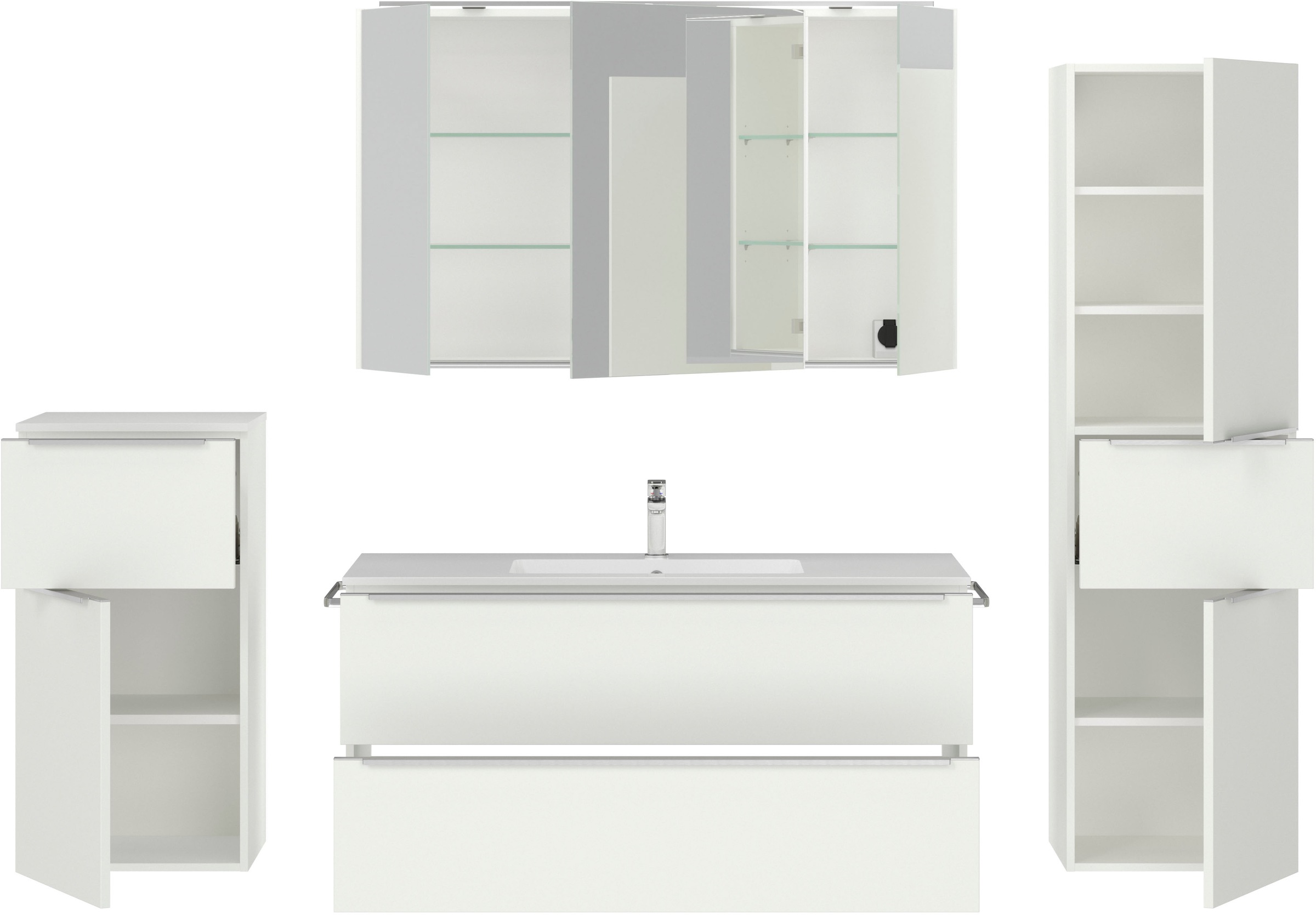 nobilia® Badmöbel-Set »Levere«, (4 St., vormontiert, mit Soft-Close), inkl. Spiegelschrank mit Beleuchtung und Dimmerfunktion, in 4 Breiten