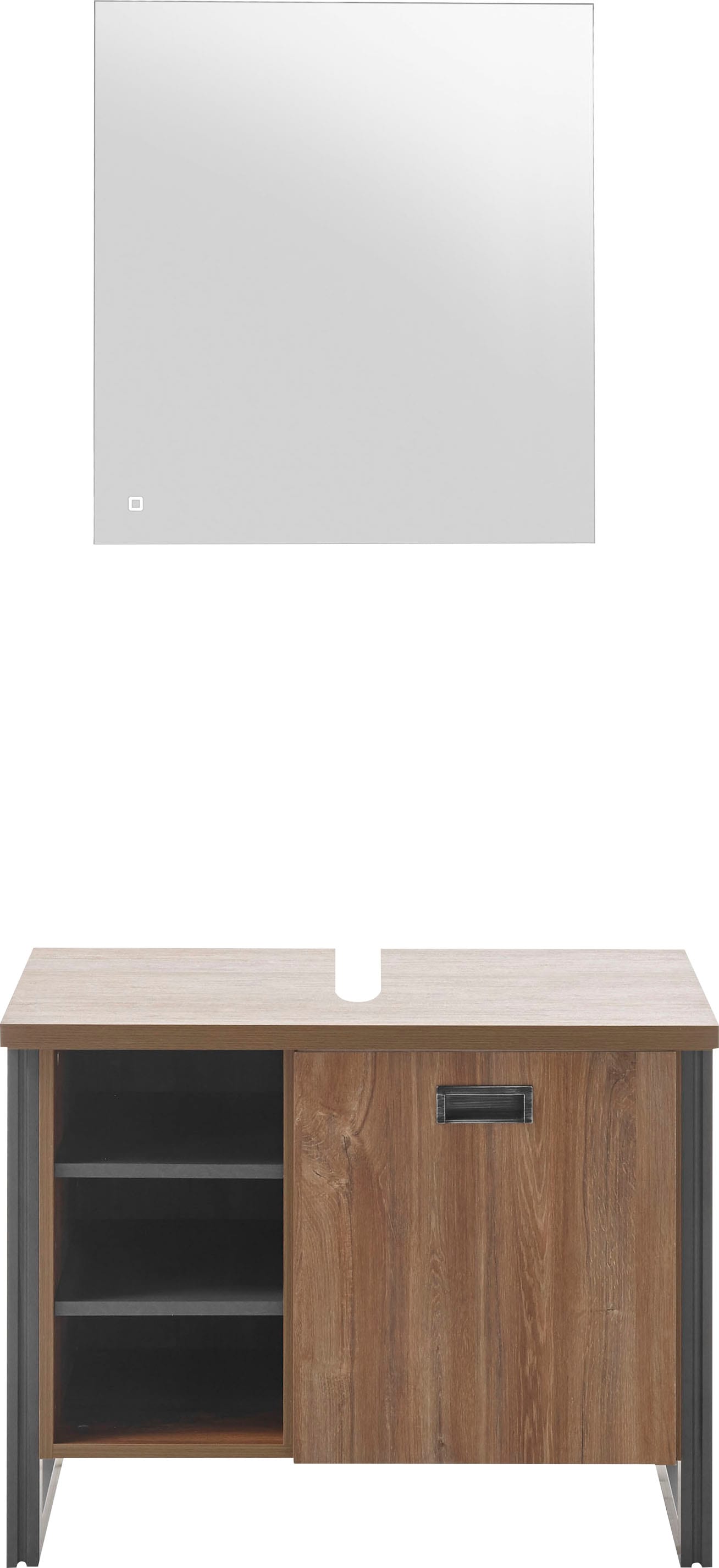 Home affaire Badmöbel-Set »Detroit, Bad im Industrialdesign, inkl. LED, 2-teiliges Badezimmer«, (2 St.), Waschbeckenunterschrank und Spiegel, holzfarben, mit offenen Fächern