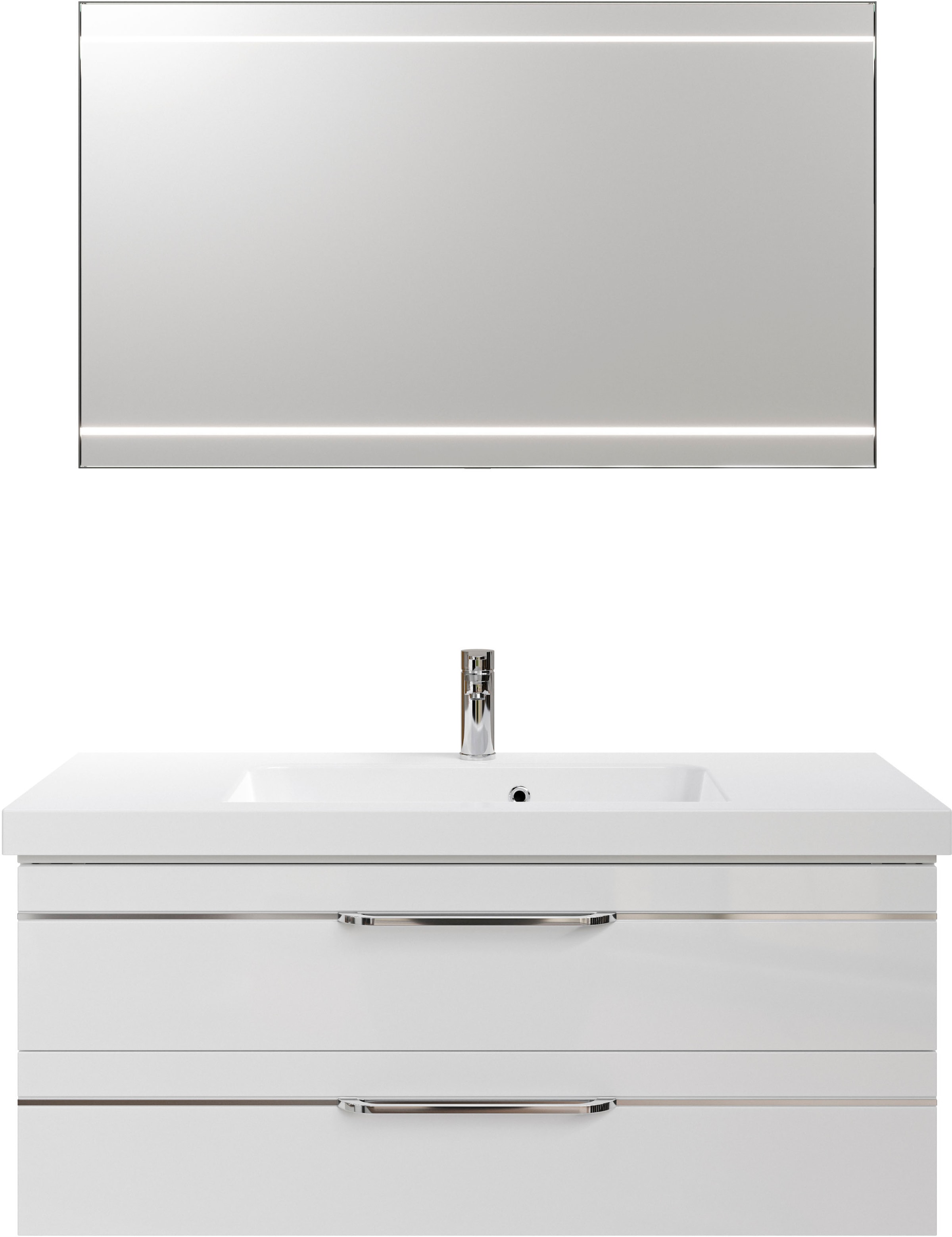 Saphir Badmöbel-Set »Balto 2-teilig Mineralmarmor-Waschtisch mit LED-Spiegel, 123 cm breit«, (2 St.), Waschplatz mit 2 Schubladen, Badschrank inkl. Schubladendämpfer