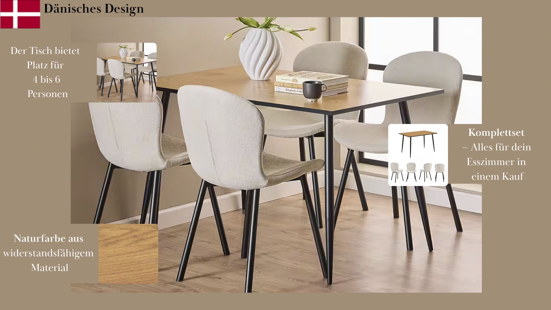ACTONA GROUP Esszimmer-Set »Esspruppe, Speisetisch mit Wohnzimmerstühlen«, (Komplett-Set, 5 St., 1x Tisch + 4x Stuhle), Rechteckig Esstisch + 4x Stühle, Wildeiche Melamin, beige, 120x80x75cm