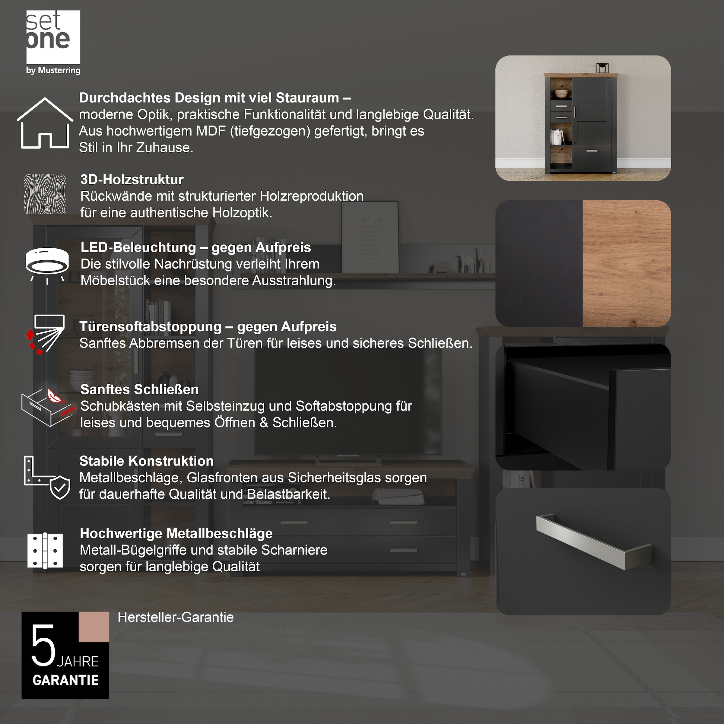 set one by Musterring Highboard »York« Typ 25 und 26, in 3 Farbvarianten, Beleuchtung optional, Breite 105 cm